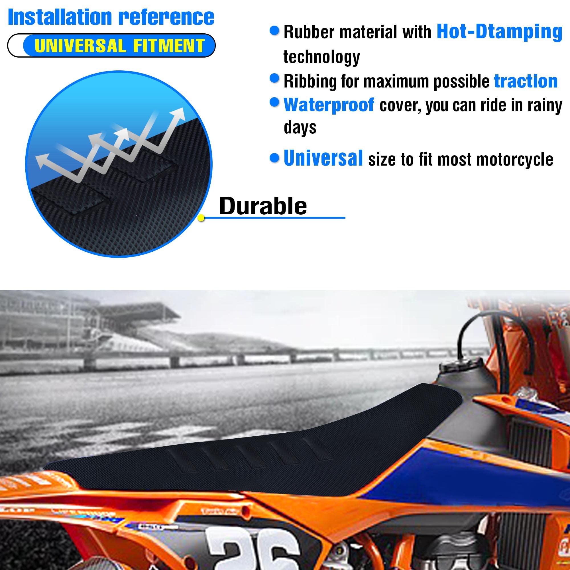 Mchmfg Universal Gripper Soft Seat Cover Diamond Texture For Motobike Dirt Motorcycle Mx Cross Enduro Black