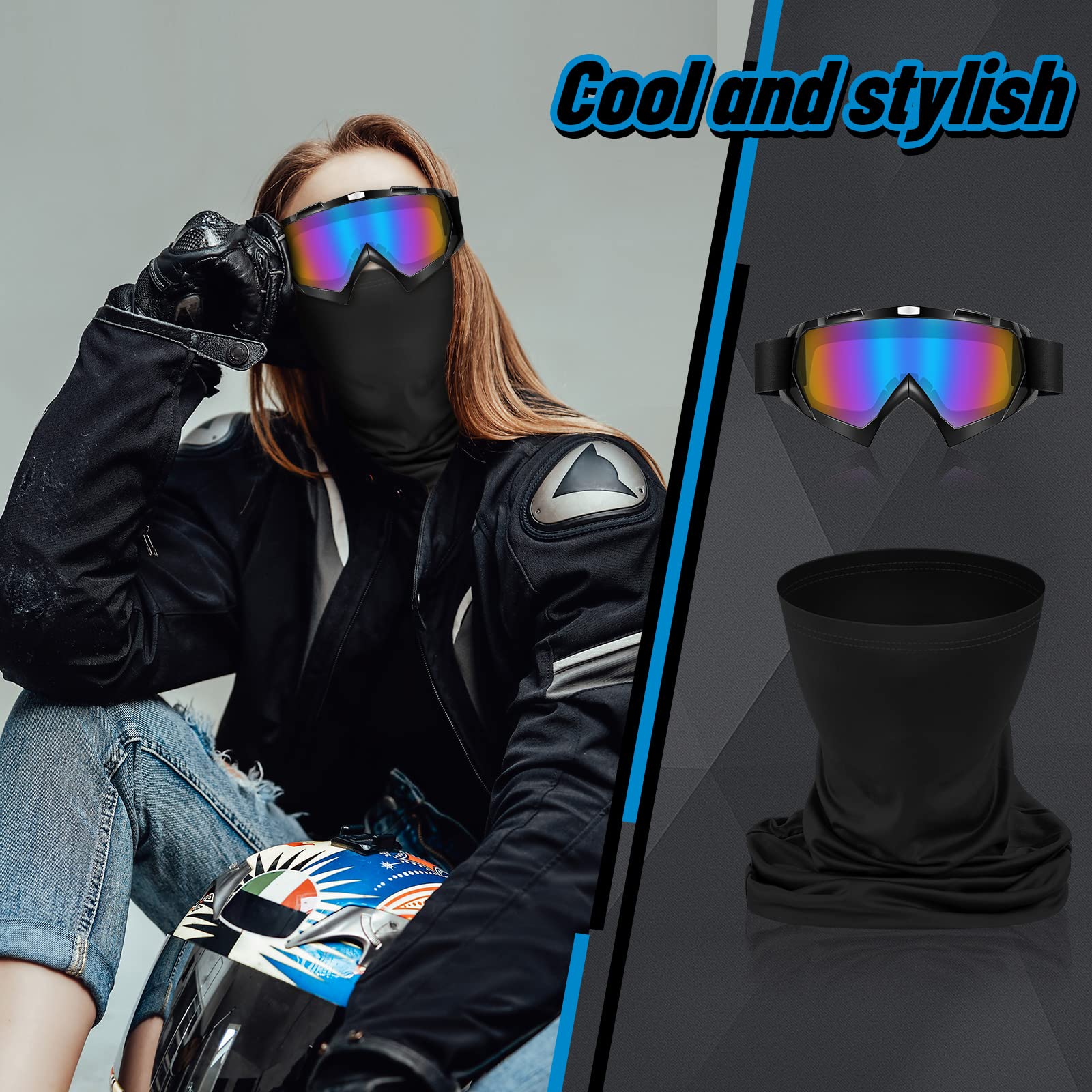 Tallew 4 Pcs Motorcycle Dirt Bike Goggles For Men Women Windproof Adjustable Atv Goggles And 4 Pcs Neck Breathable Face Cover(Bl