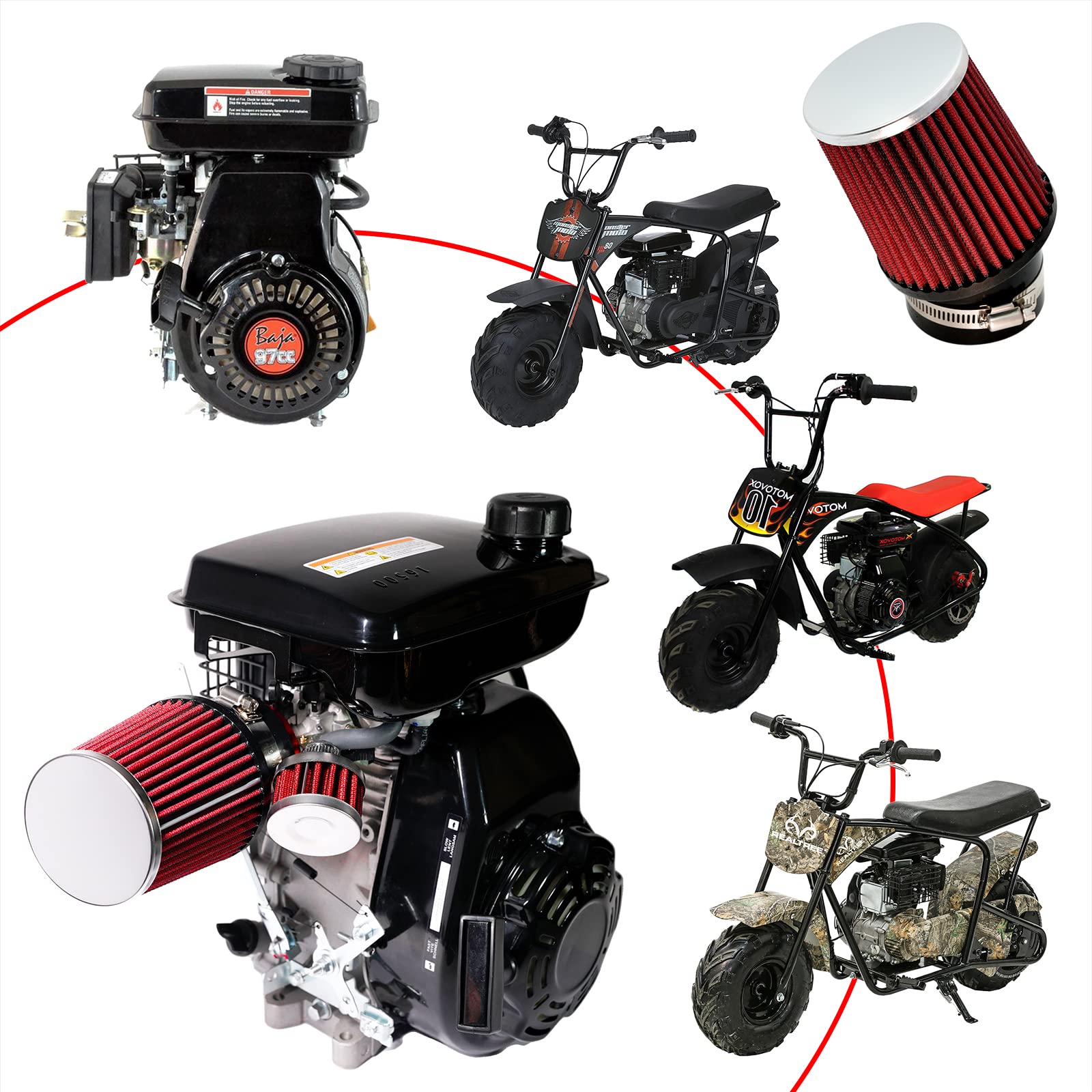 Jmchstore Carburetor Air Filter Adapter Kit For Monster Mega Moto Mmb80 Mmb105, Coleman B100 Rb100 105Cc, Motovox Mbx10 Baja Db30 97Cc Orxyearth Dirt Kids Mini Bike Lifan 80Cc Mmk80 Go Kart (Red)