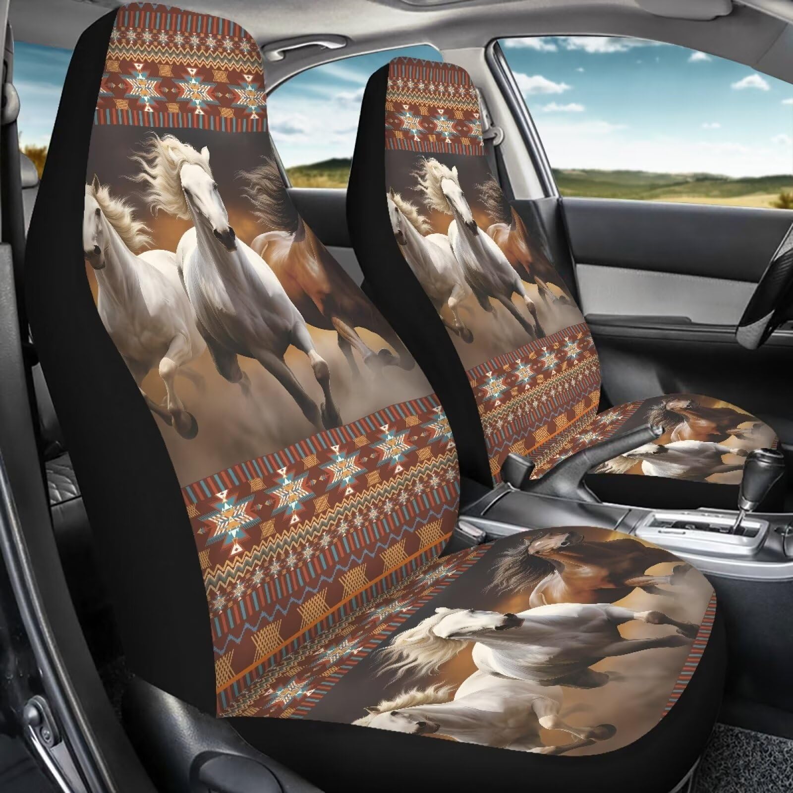 Wanzuoeng Car Seat Covers 2Pcs, Aztec Stripe Horse Print Front Bucket Seat Cover, Stretch Soft Fabric Auto Accessories Auto Seat