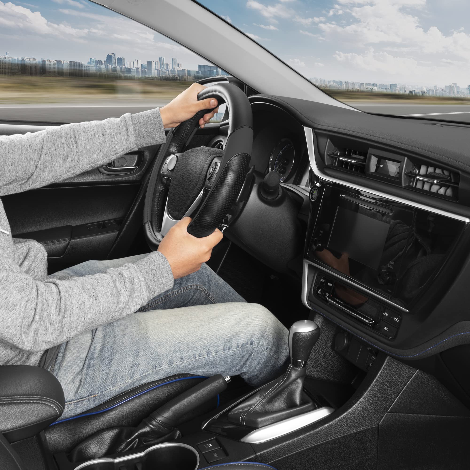 Motor Trend Sportdrive Faux Leather Steering Wheel Cover, Standard 15 Inch Size, Two-Tone Black & Dark Gray, Car Steering Wheel Cover For Truck Van Suv Auto