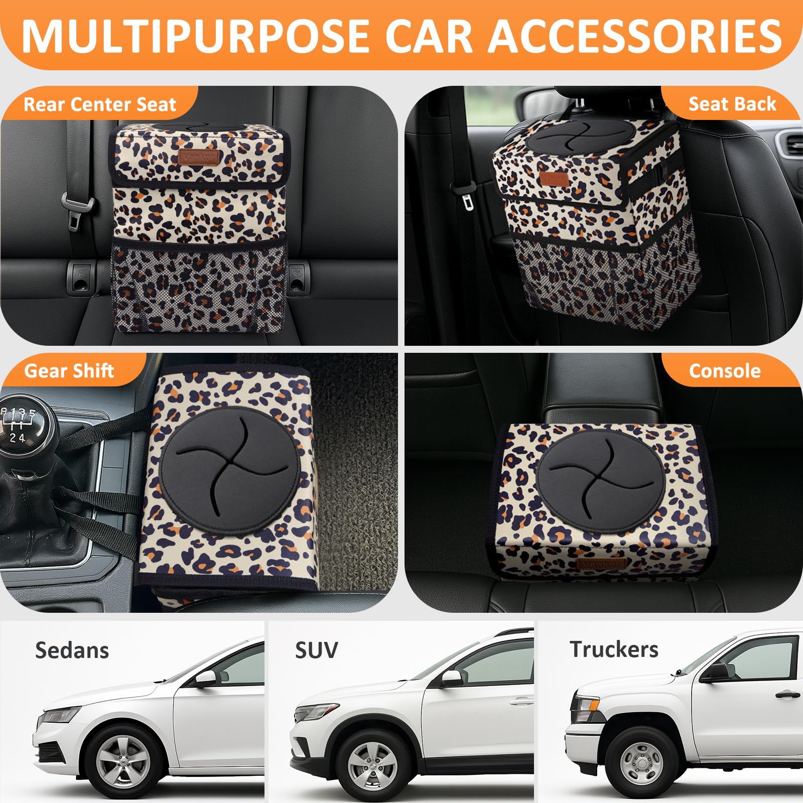 Vankor Cute Car Trash Can, Car Accessories For Women Interior Can Trash Bag Hanging Automotive Garbage Cans Leopard Pattern