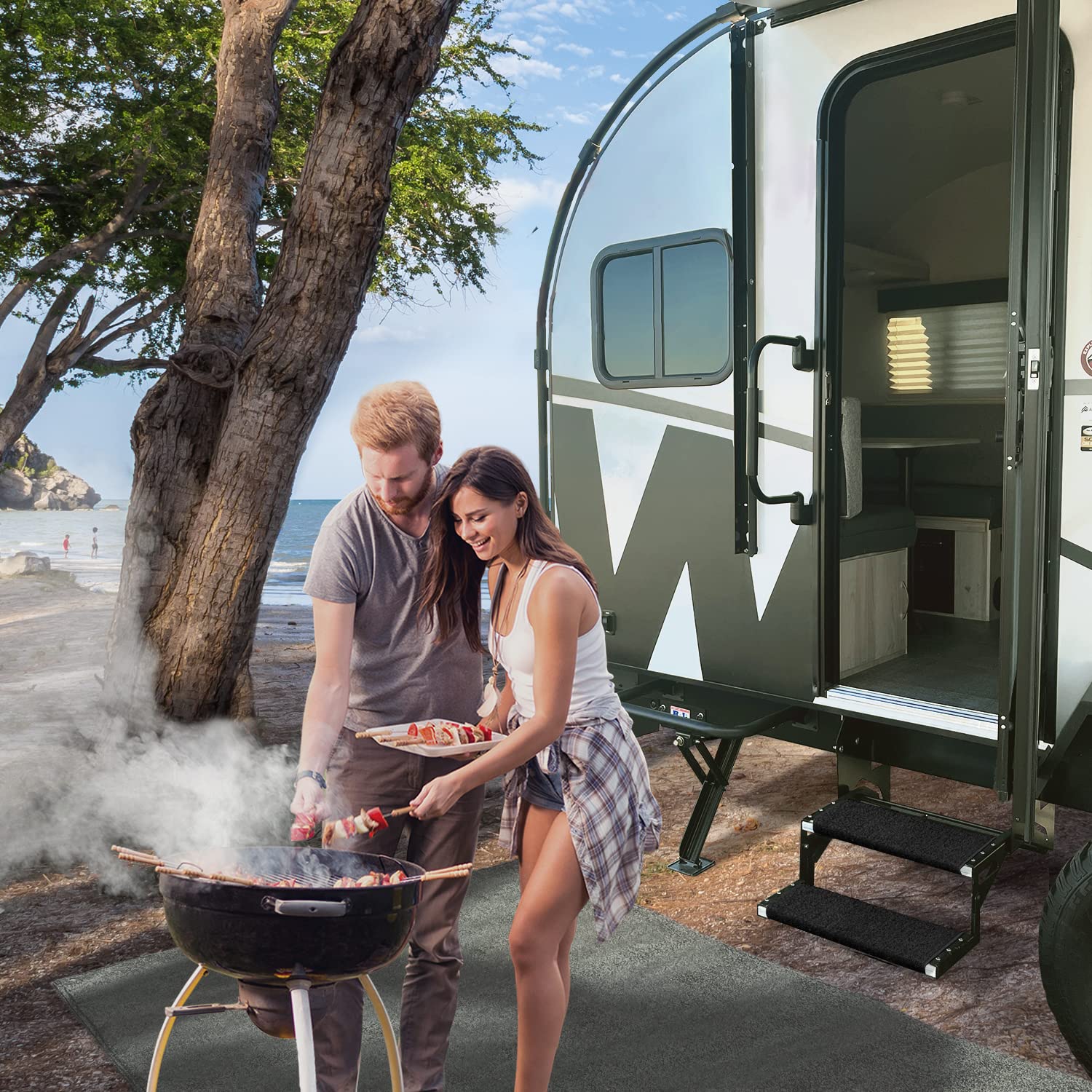 Prest-O-Fit 2-1072 Wraparound + Plus RV Step Rug Black 20 In. Wide