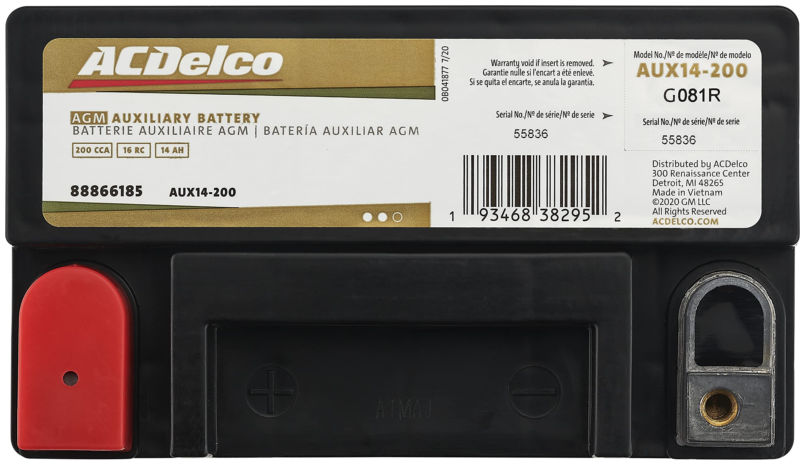 ACDelco Gold AUX14-200 (88866185) 36 Month Warranty Auxiliary AGM 200 CCA Battery