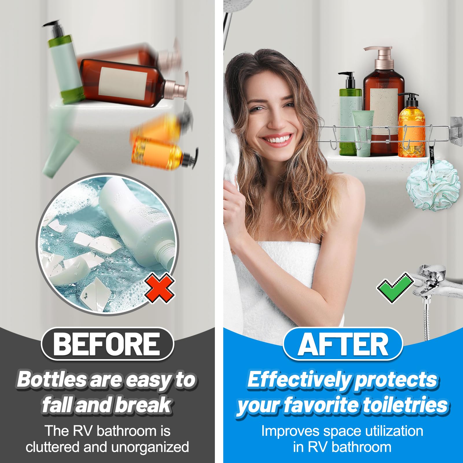 9~15in RV Shower Corner Storage Bar with 8 Hooks - Adjustable Camper Must Haves Stainless Steel Bathroom Shelves, Rust Proof Org