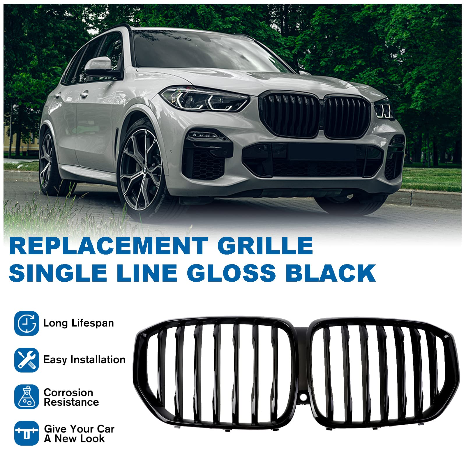 BILLDIO Front Grille Grill Single slats Compatible with 2019 2020 2021 2022 2023 X5 G05(Glossy Black Kidney Grill)