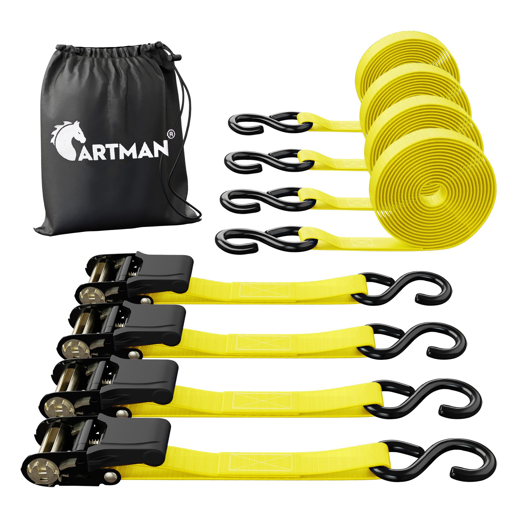 Cartman Ratchet Tie Down, 4Pk 15Ft, 500Lbs Load Cap/ 1500Lbs Break Strength, Cargo Straps For Moving Appliances, Lawn Equipment,