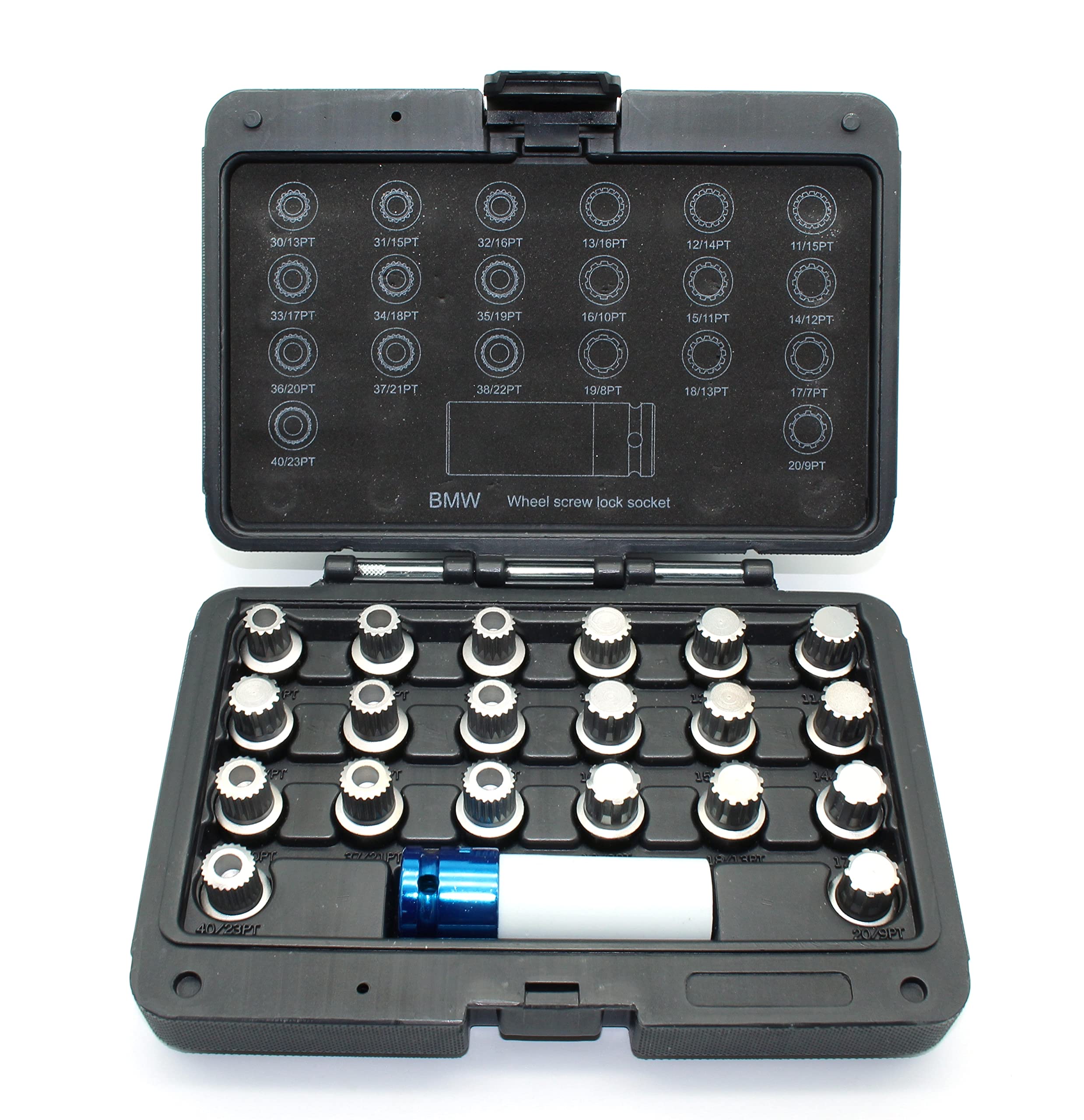 Temo 21 Pc Wheel Lock Lugnut Anti-Theft Lug Nut Screw Removal Key Socket Set For Bmw With 1/2 Inch Socket Adapter