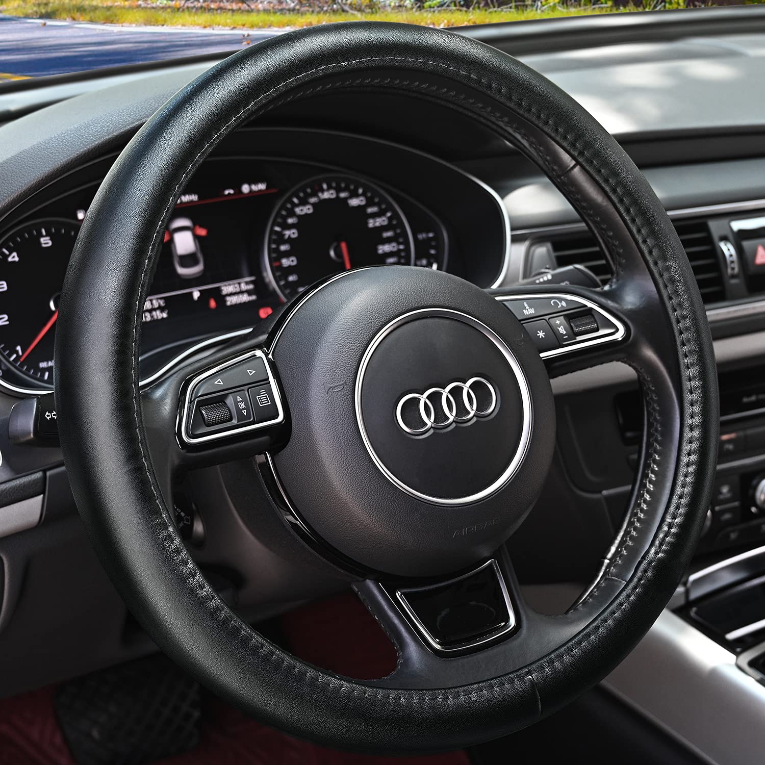 Haokay Heavy Duty Pure Cowhide Steering Wheel Cover, Black Genuine Leather Steering Wheel Cover Men Women Universal 14.5 To 15 I