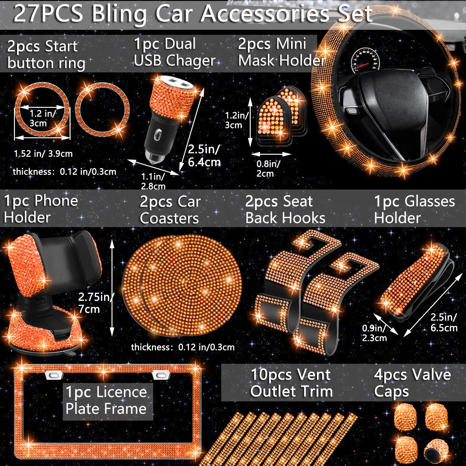 NBTEPEM 27 PCs Orange Bling Car Accessories Set for Women, Bling Steering Wheel Covers Universal Fit 15 Inch, Bling License Plat