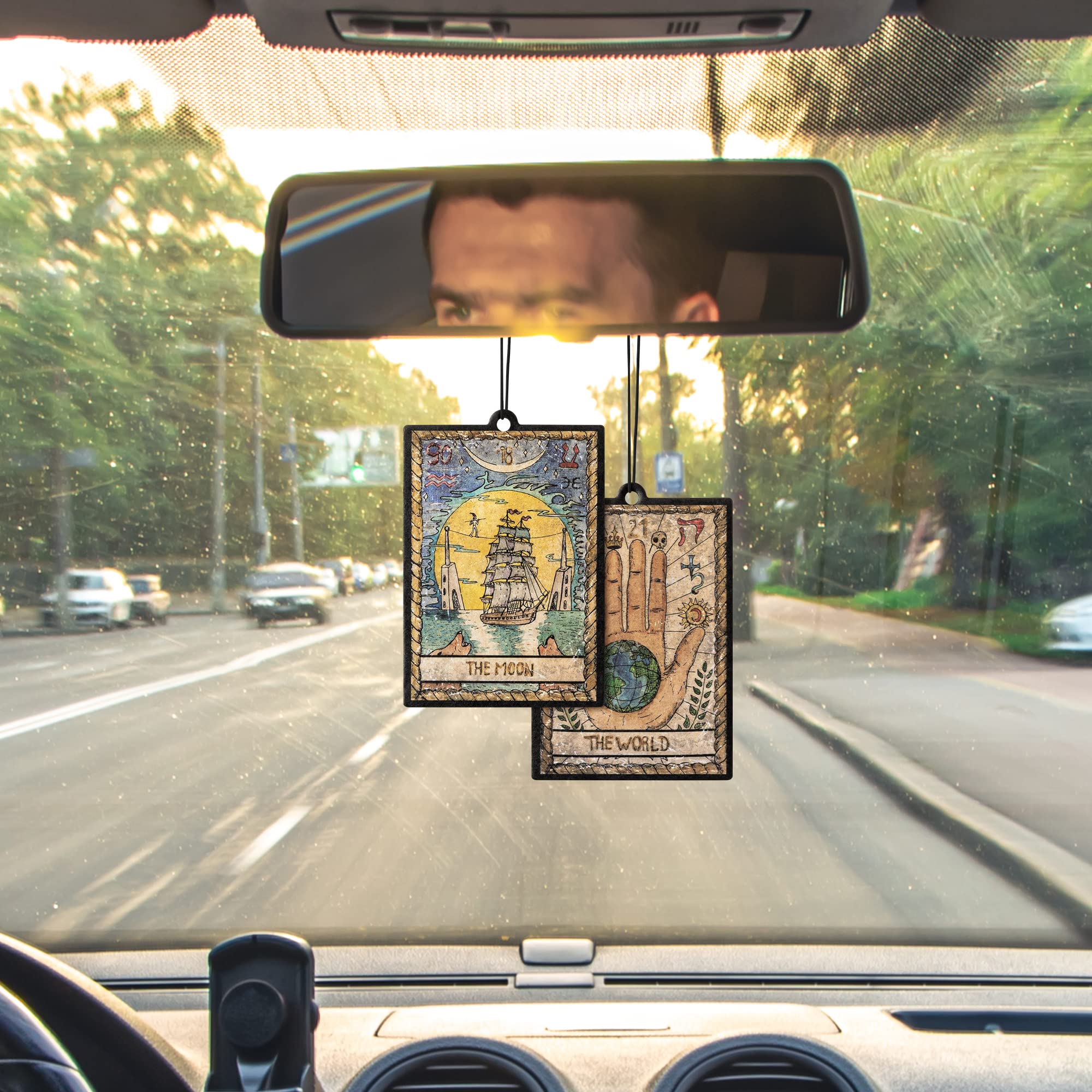 L1Rabe 4Pcs Vintage Tarot Car Air Fresheners, The Star World Sun Moon Hanging Air Freshener Fragrance Scented Cards Old Style Ta
