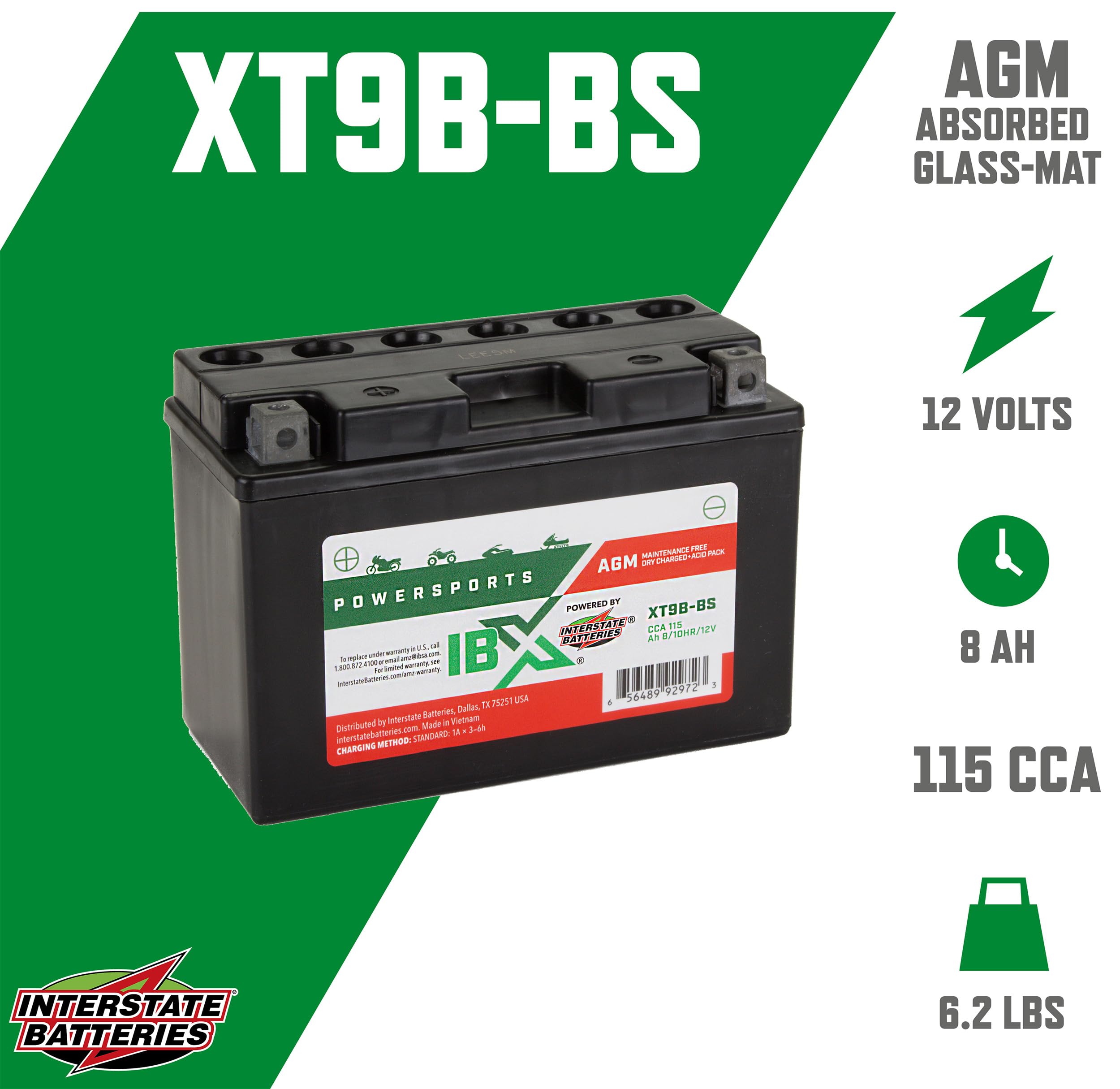 Interstate Batteries Yt9B-Bs 12V 8Ah Powersports Battery 115Cca Agm Rechargeable Replacement Battery For Yamaha, Atvs, Motorcycl