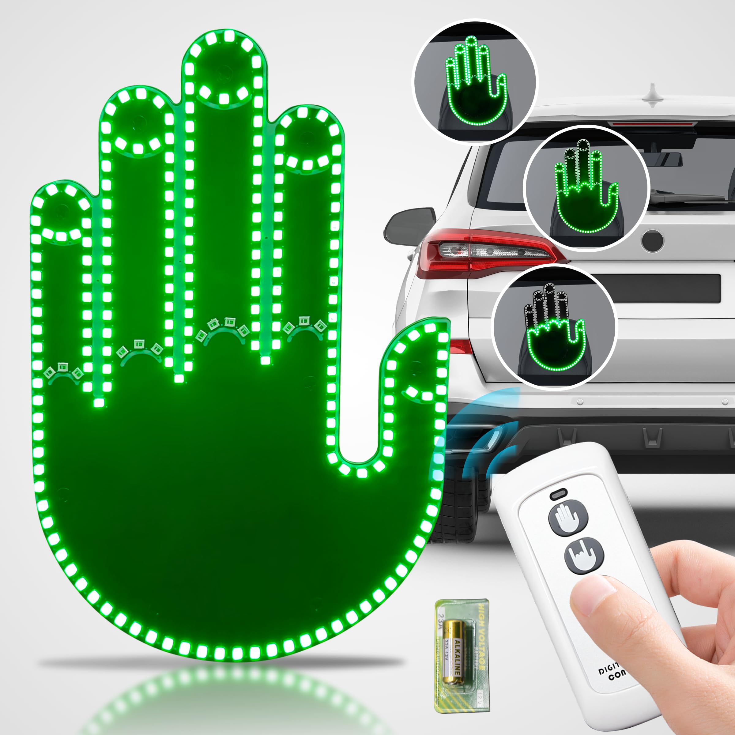 Hand Gesture Light with Remote - Road Rage LED Sign for Car Back Window, 3 Modes Finger Light, Fun Car Accessories (Green)