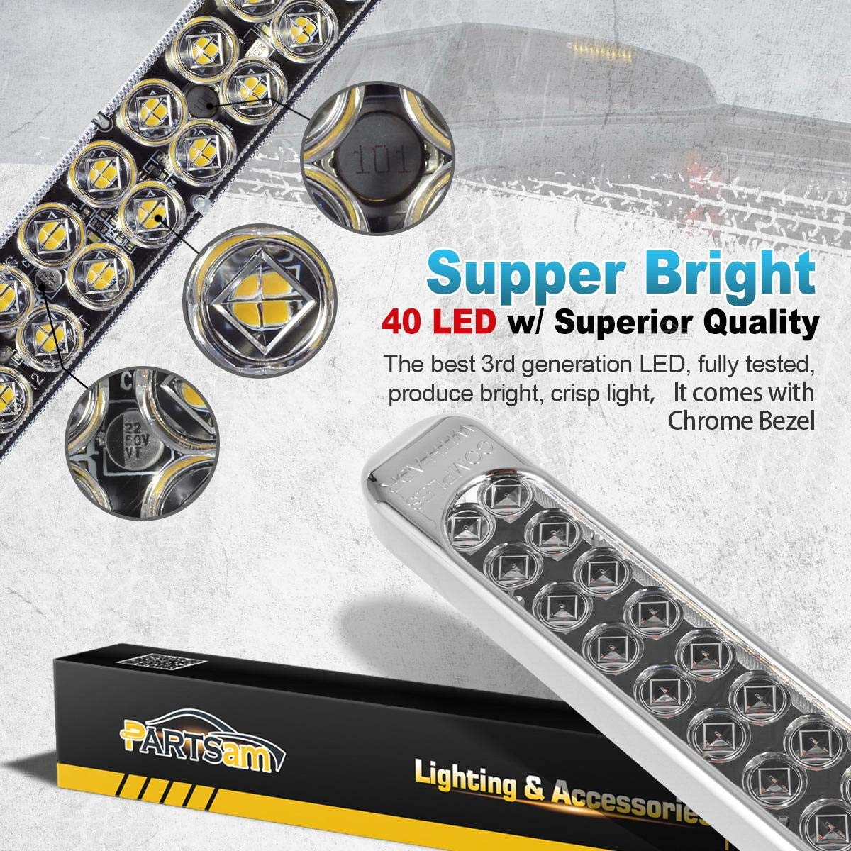 Partsam 2Pcs 17 Inch White Led Truck Trailer Light Bar 40 Led Clear Lens Dual Row, Sealed White 17 Led Waterproof Light Bar Backup Reverse Dome Interior Marker Lights For Pickup Rv