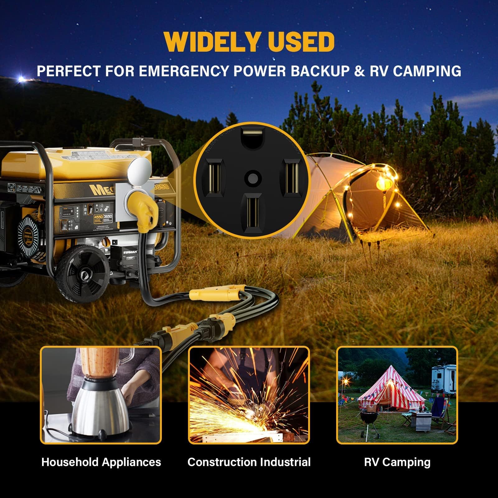 Mecmo 50 Amp To (2)X 110V 15 Amp Household Outlet Rv Y Adapter Power Cord, 10/3 Stw Nema 14-50P Male Plug To Two 5-15R Female El