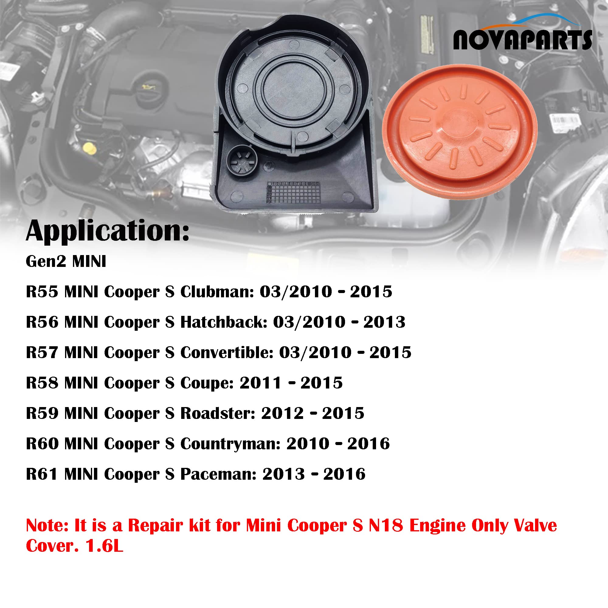 Novaparts Valve Cover Cap Pcv With Membrane N18 Engine Replacement For 2010-2016 Mini Cooper S R55 R56 R57 R58 R59 R60 R61 1.6L