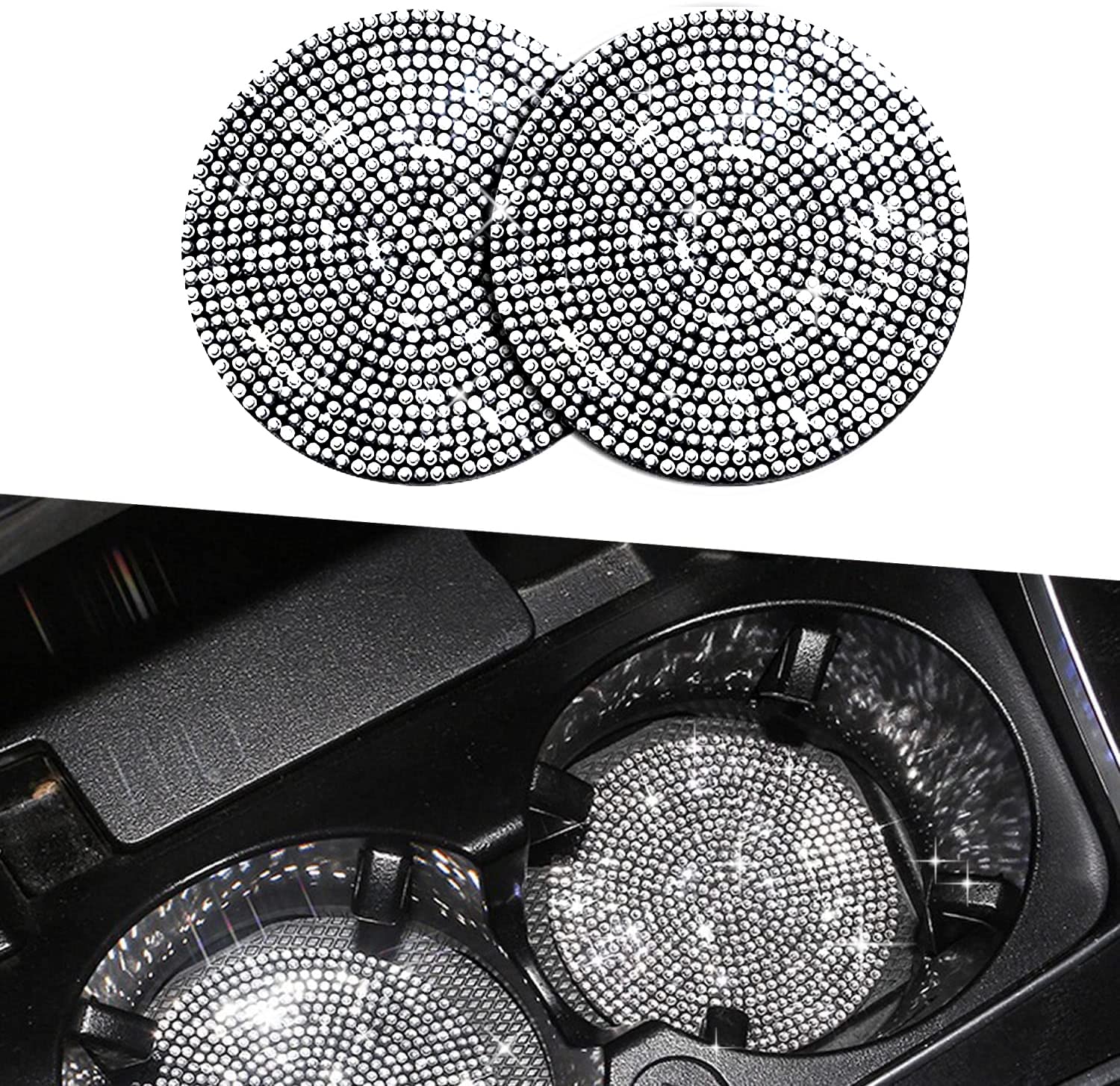 2Pcs Bling Cup Holder Insert Coaster- 2.75 Inch Silicone Anti-Slip Shockproof, Universal Fashion Car Interior Accessories For Women (White)