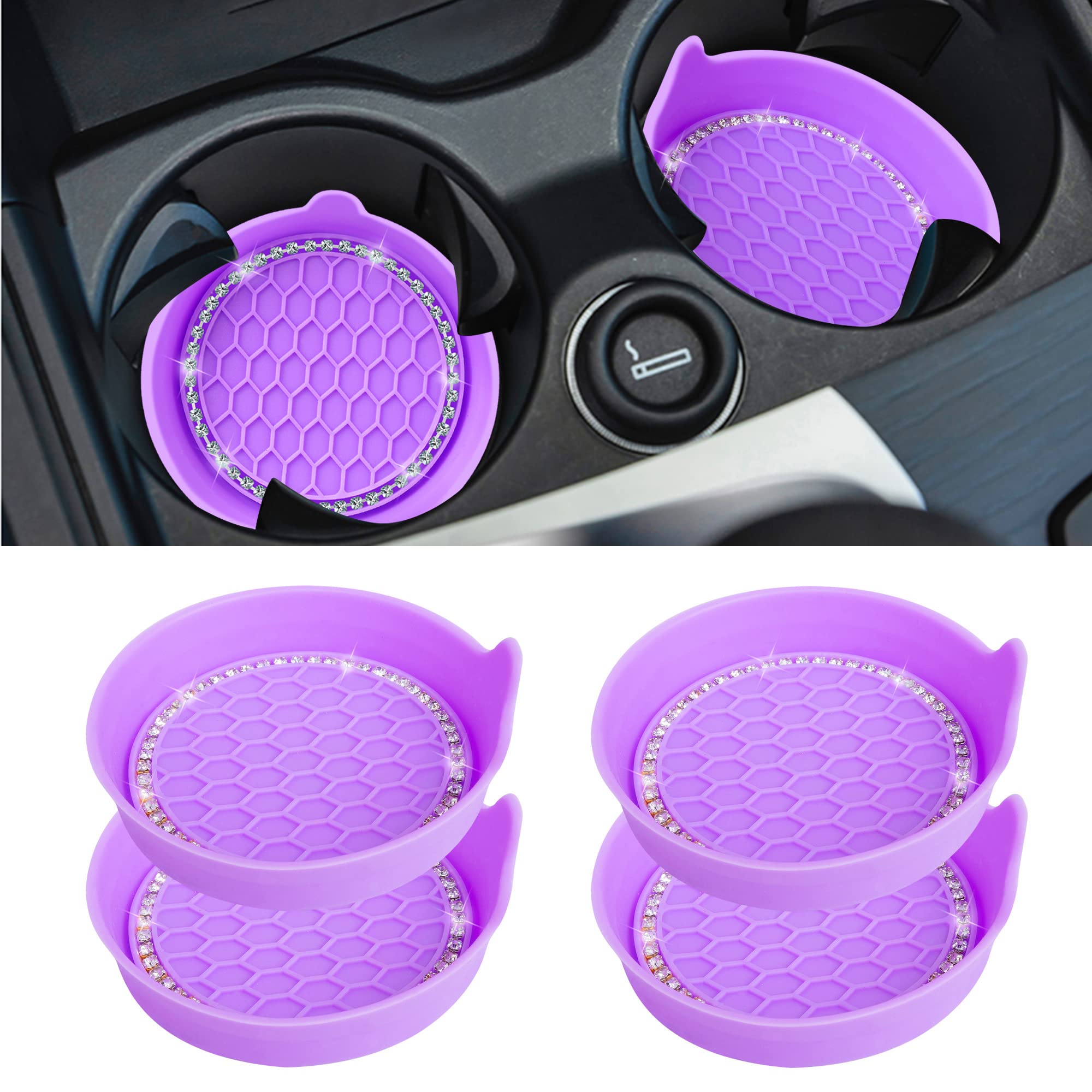 Amooca Car Cup Coaster Universal Non-Slip Cup Holders Bling Crystal Rhinestone Car Interior Accessories 4 Pack Purple