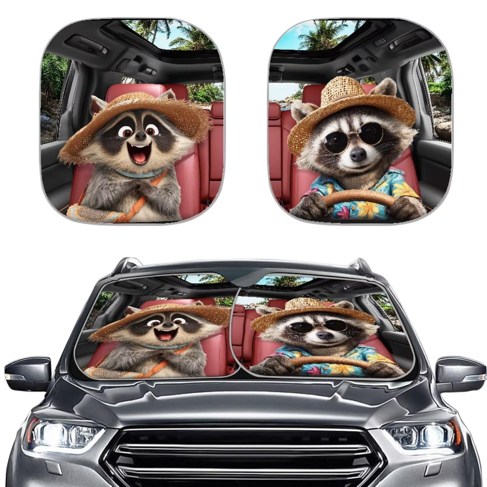 Huisefor Raccoon Car Windshield Sunshade 2 Piece Foldable Windshield Cover For Summer Uv Rays Protective Car Sun Visor Blocker A