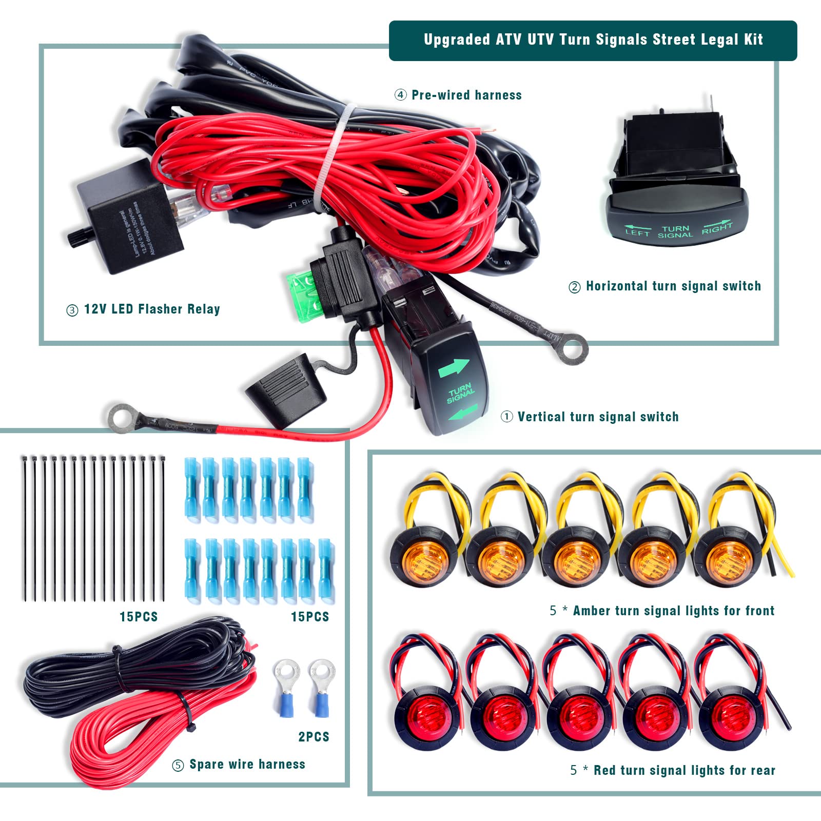 ATV UTV Turn Signal Kit with Turn Signal Rocker Switch Compatible with Polaris RZR Ranger Turbo Can-Am Street Legal Kit, Side by