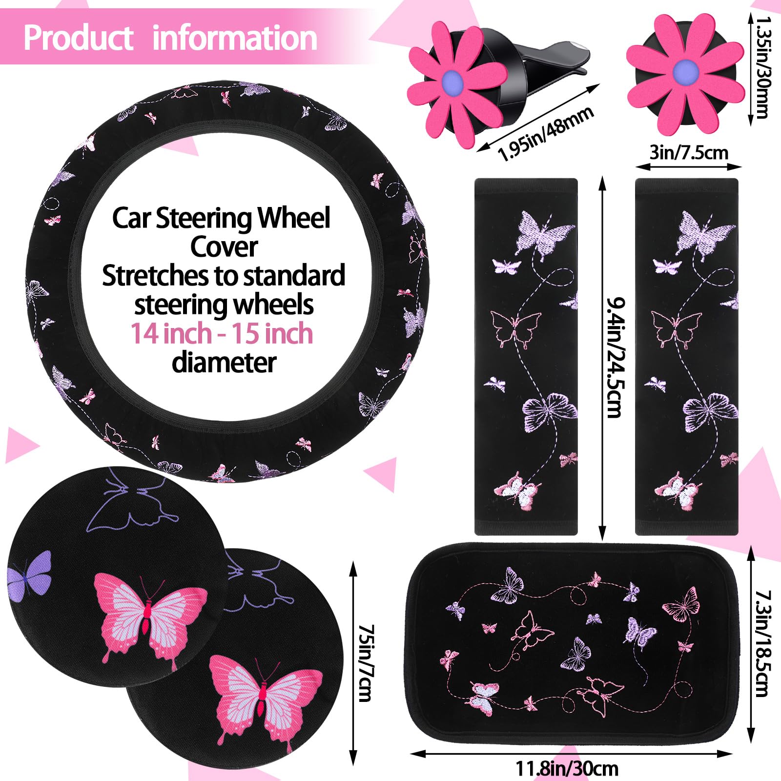 BBTO 19 Pcs Embroidery Cute Car Accessories Set Include Seat Covers, Steering Wheel Cover, Air Vent Clips, Cup Mats, Center Cons