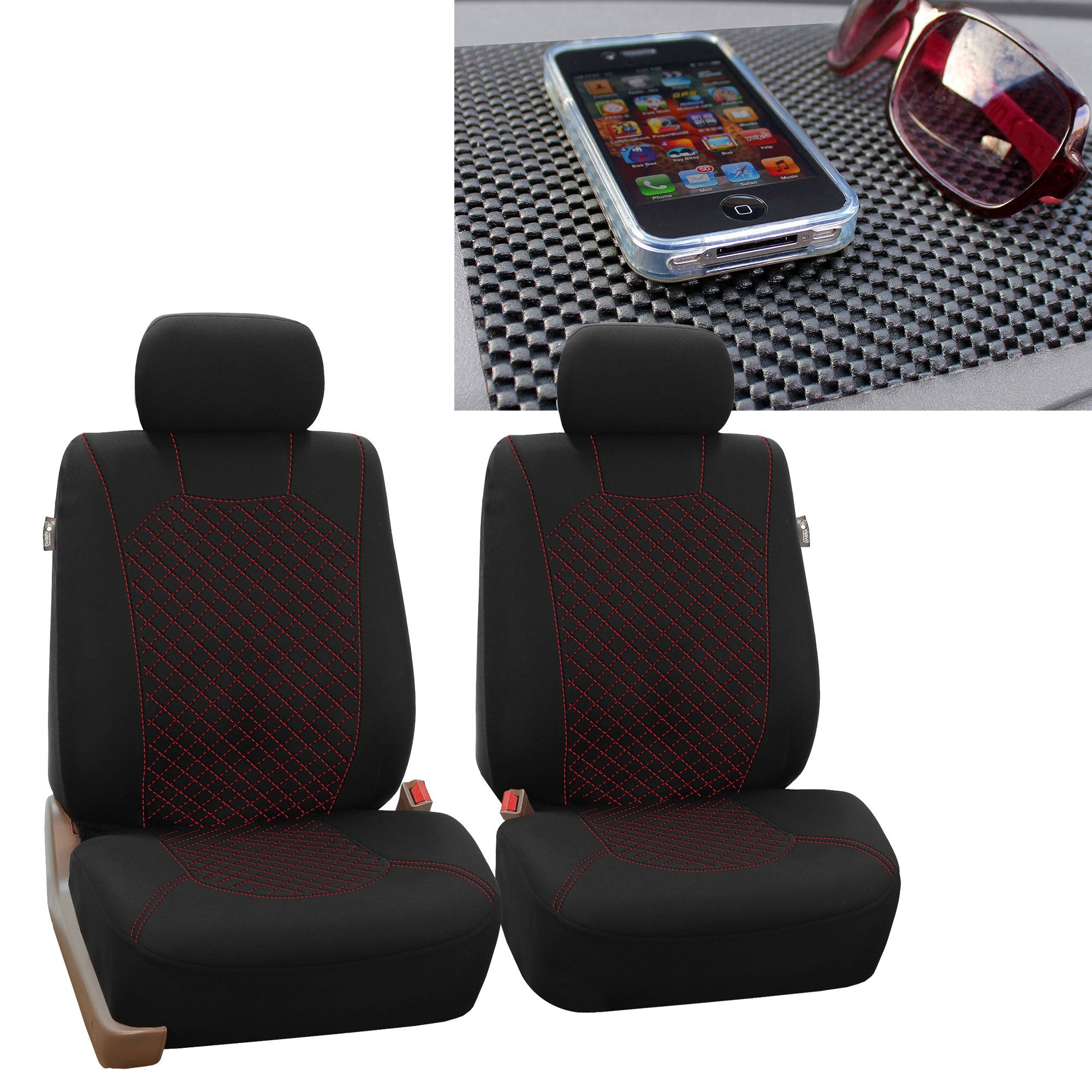 Fh Group Car Seat Covers Front Seats Only Quilted Flat Cloth Red Black Combo Non-Slip Dash Grip Pad, Airbag Compatible Universal