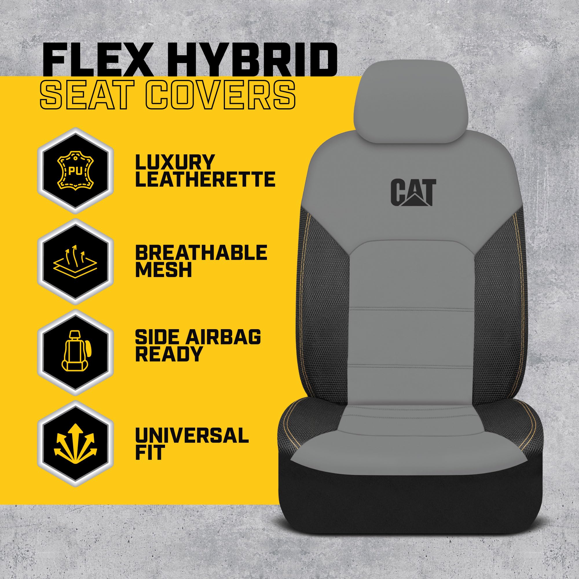 Cat FlexHybrid Car Seat Covers, Gray Premium Faux Leather + Mesh Seat Covers for Cars Trucks SUV, Universal Fit Car Seat Covers