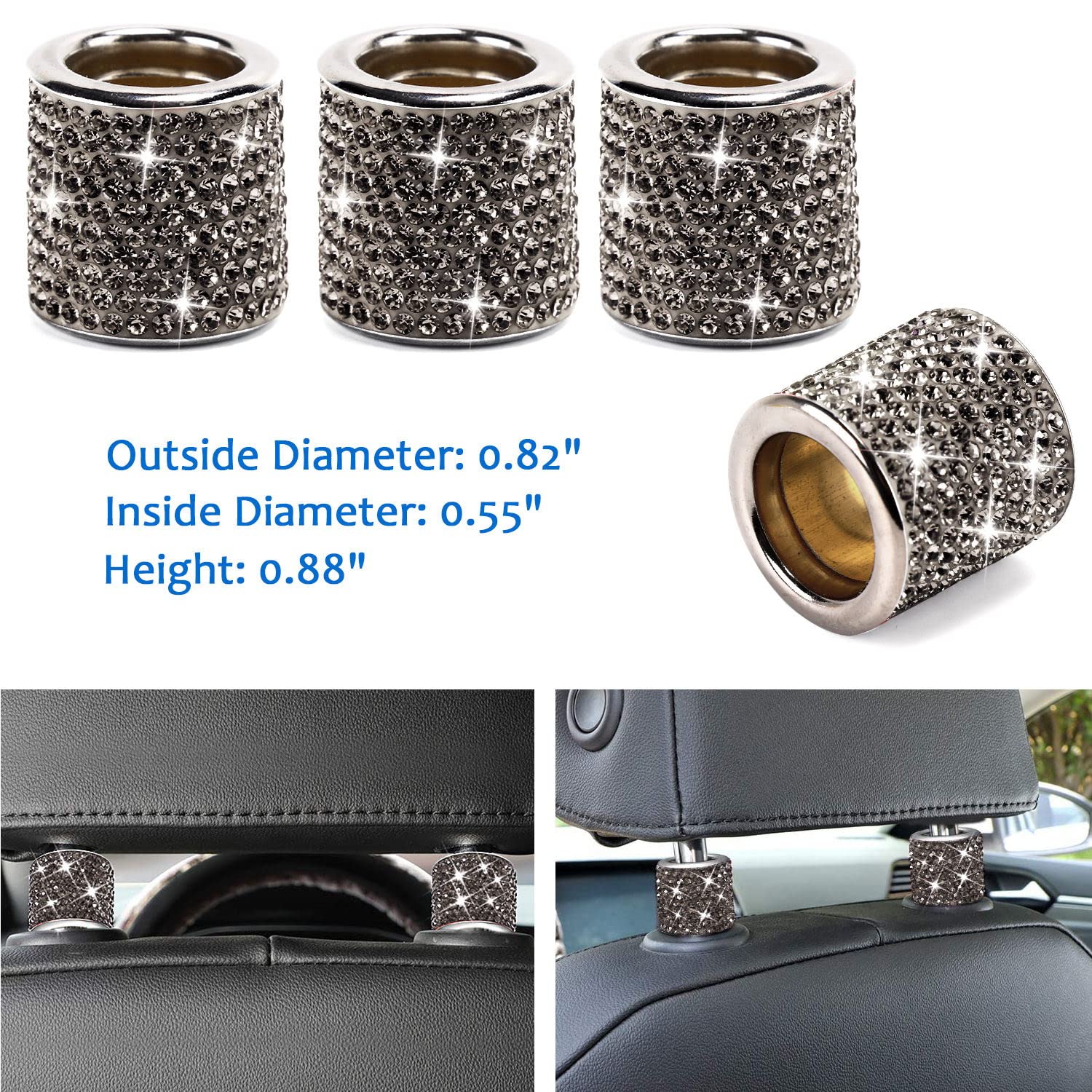 Tobequeen 15 Pack Grey Bling Car Accessories Set For Women Girl,Bling Car Coaster,Bling Head Rest Rings,Bling Car Charger,Bling Hooks For Hanging,Bling Tire Caps,Bling Push To Start Ring,Gray