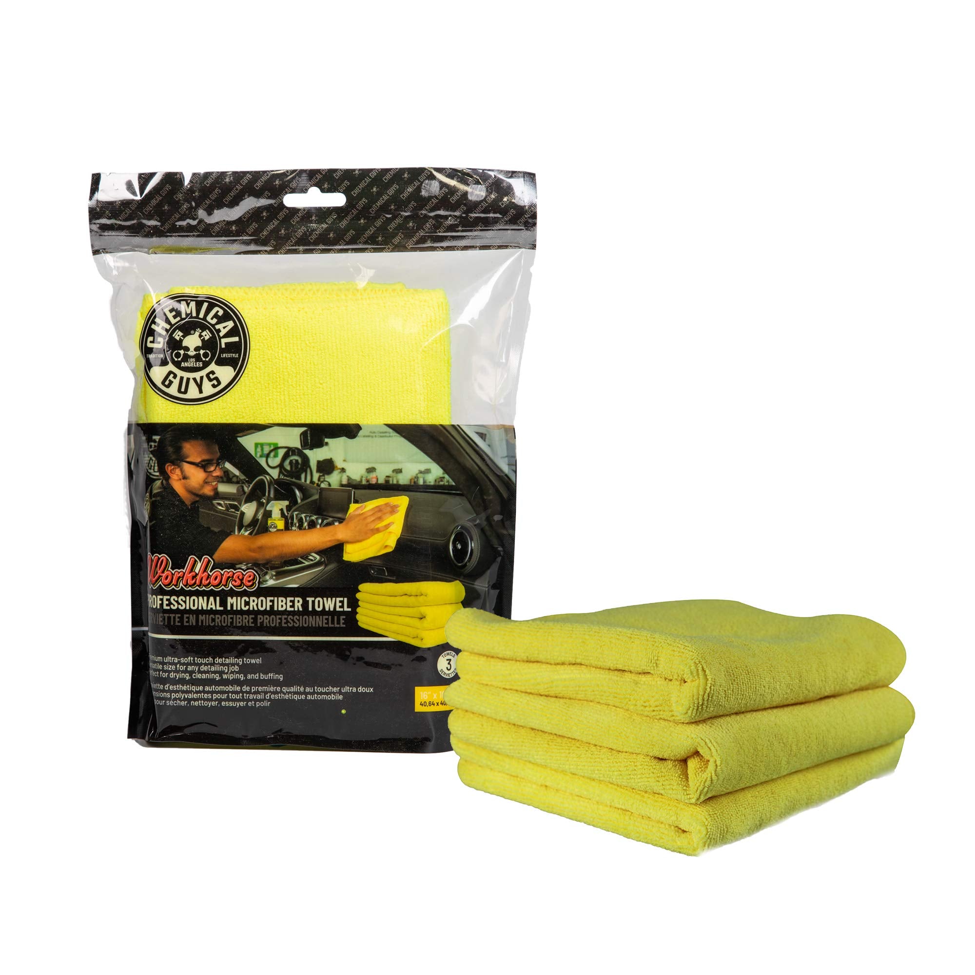 Chemical Guys Micyellow03 Workhorse Professional Microfiber Towel, Yellow (Safe For Car Wash, Home Cleaning & Pet Drying Cloths)
