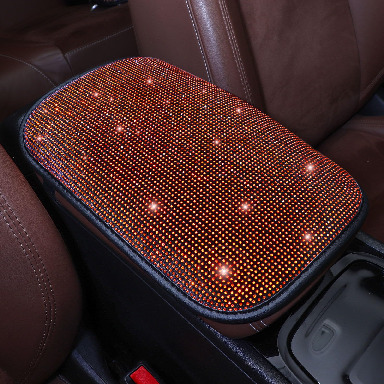 Tobequeen Orange Arm Rest Cover For Car, Rhinestone Crystal Diamond Bling Center Console Cover, Universal Fit All Vehicles, Inte