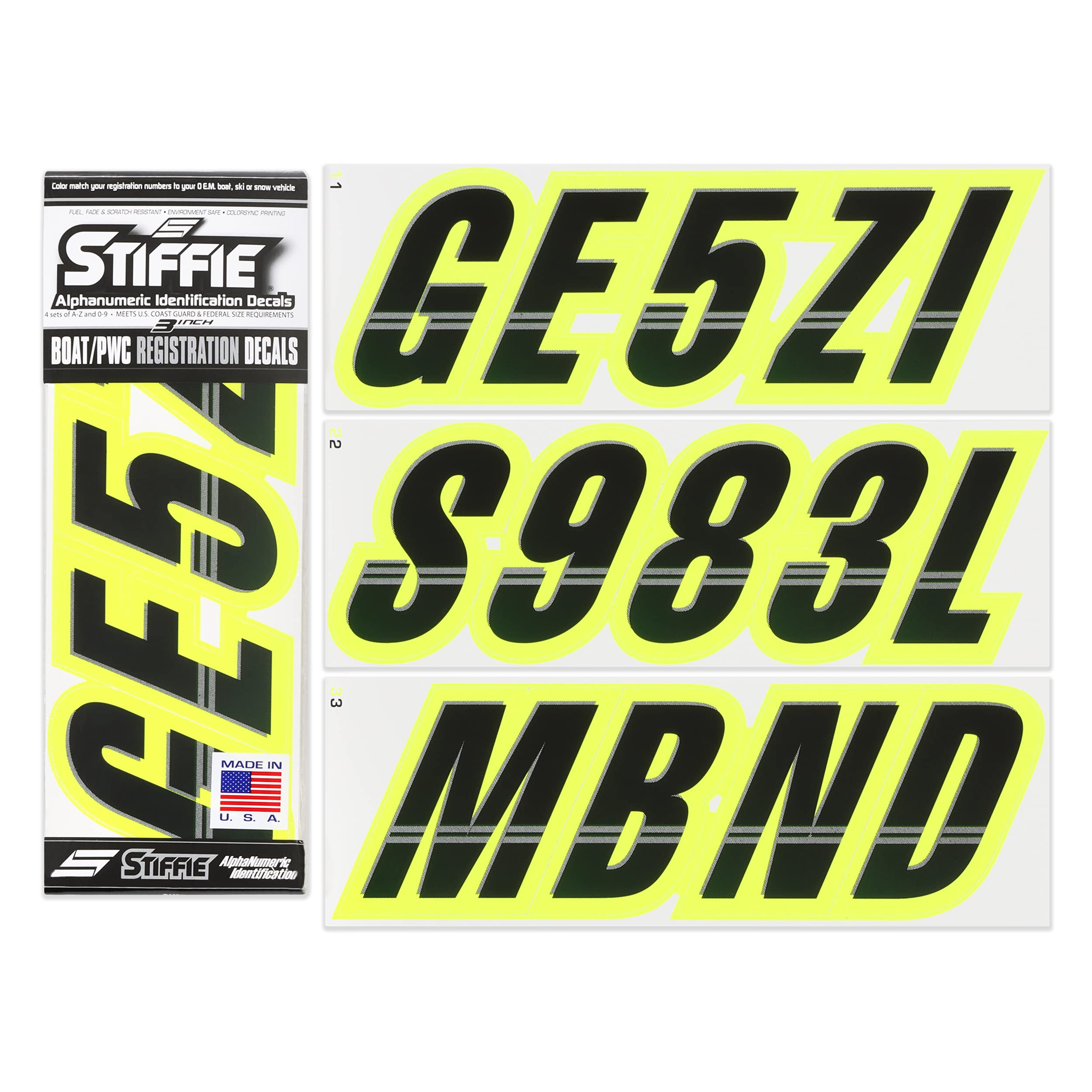 Stiffie Techtron Black/Day Glow Yellow 3 '' Boat & Pwc Registration Decals  Numbers Letters Stickers