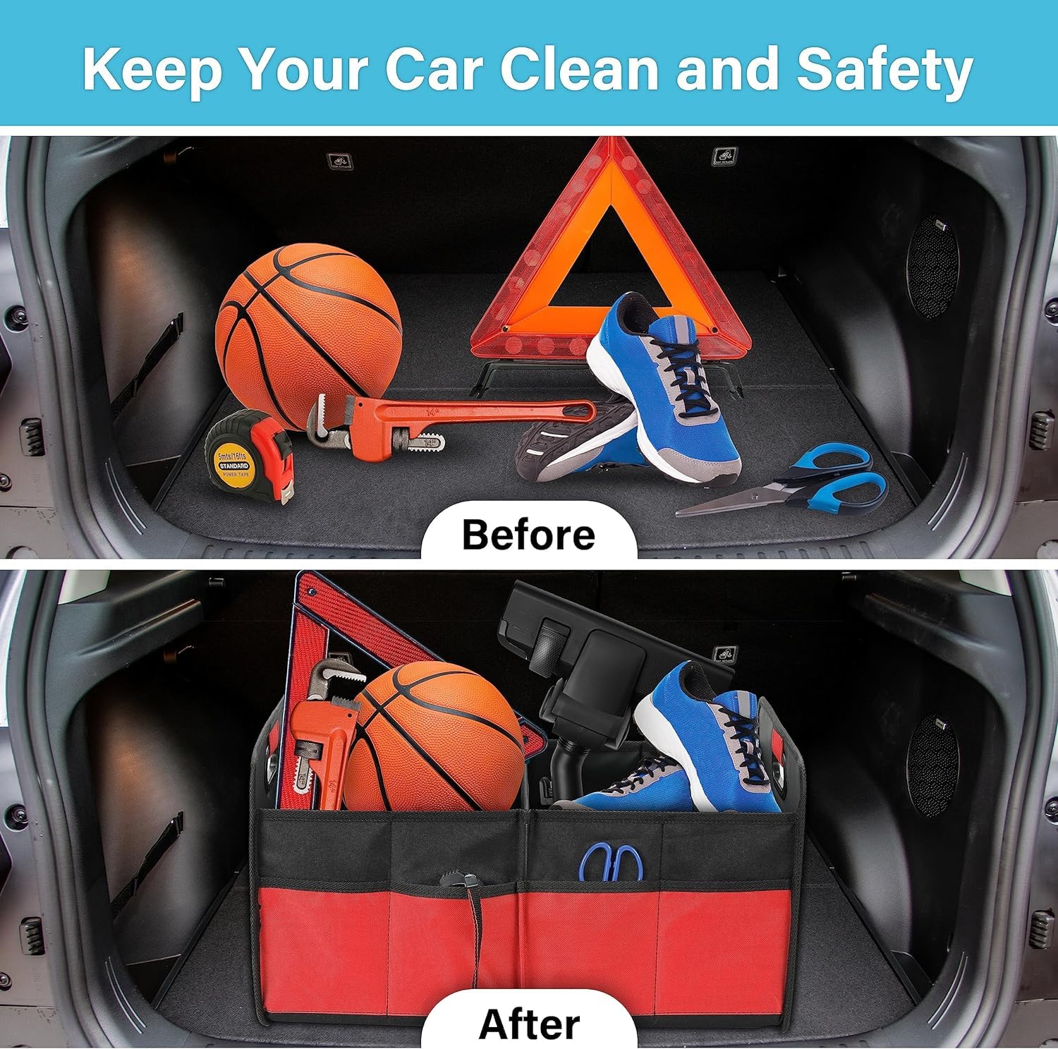 Simple Deluxe Trunk Organizer For Car/Suv/Truck, Collapsible 2 Compartment 50L Automotive Storage Box With 5 Pocket, 600D Waterp