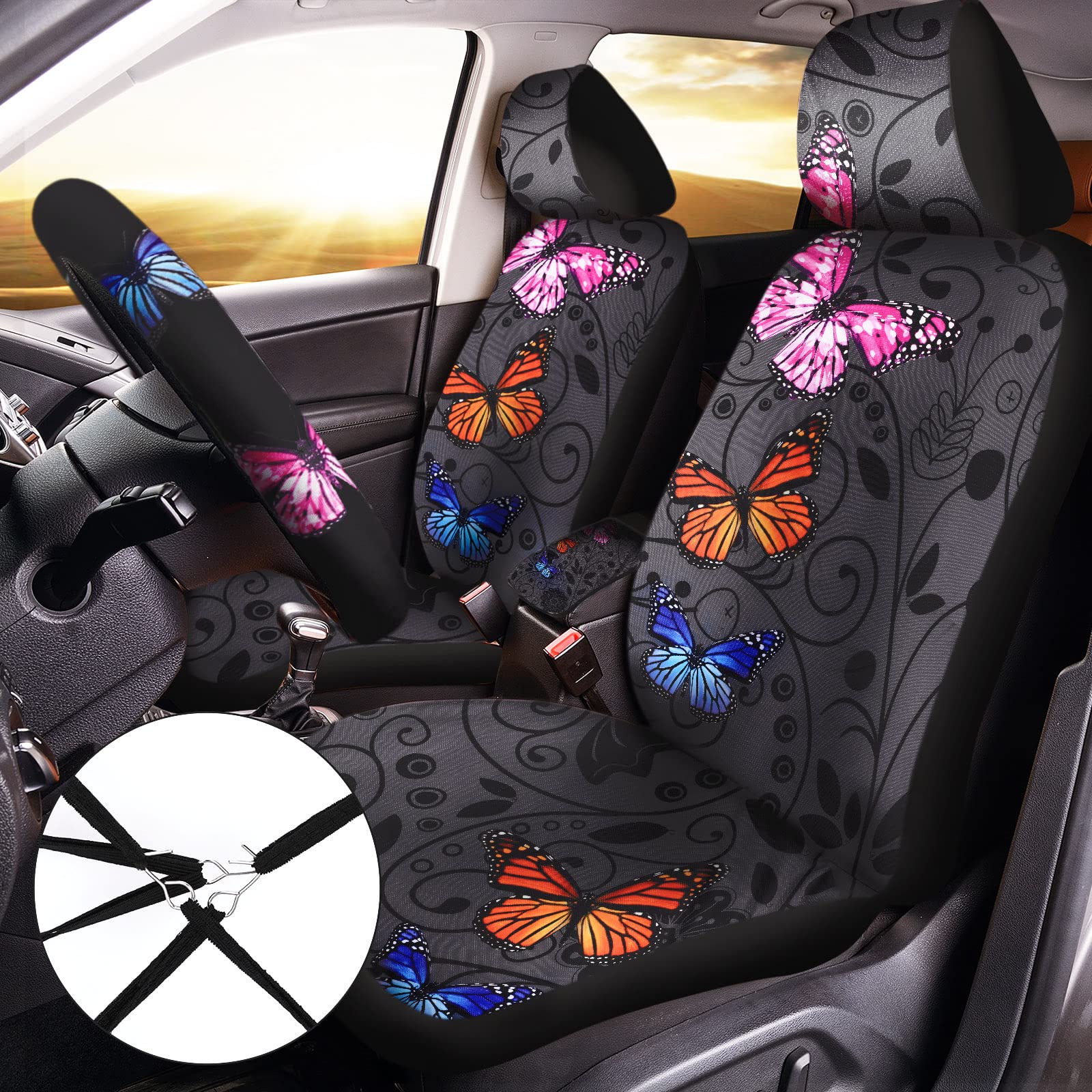 15 Pcs Butterfly Car Seat Covers Full Set for Car Front Rear Seat Covers Steering Wheel Cover Wrist Strap Coasters Armrest and S