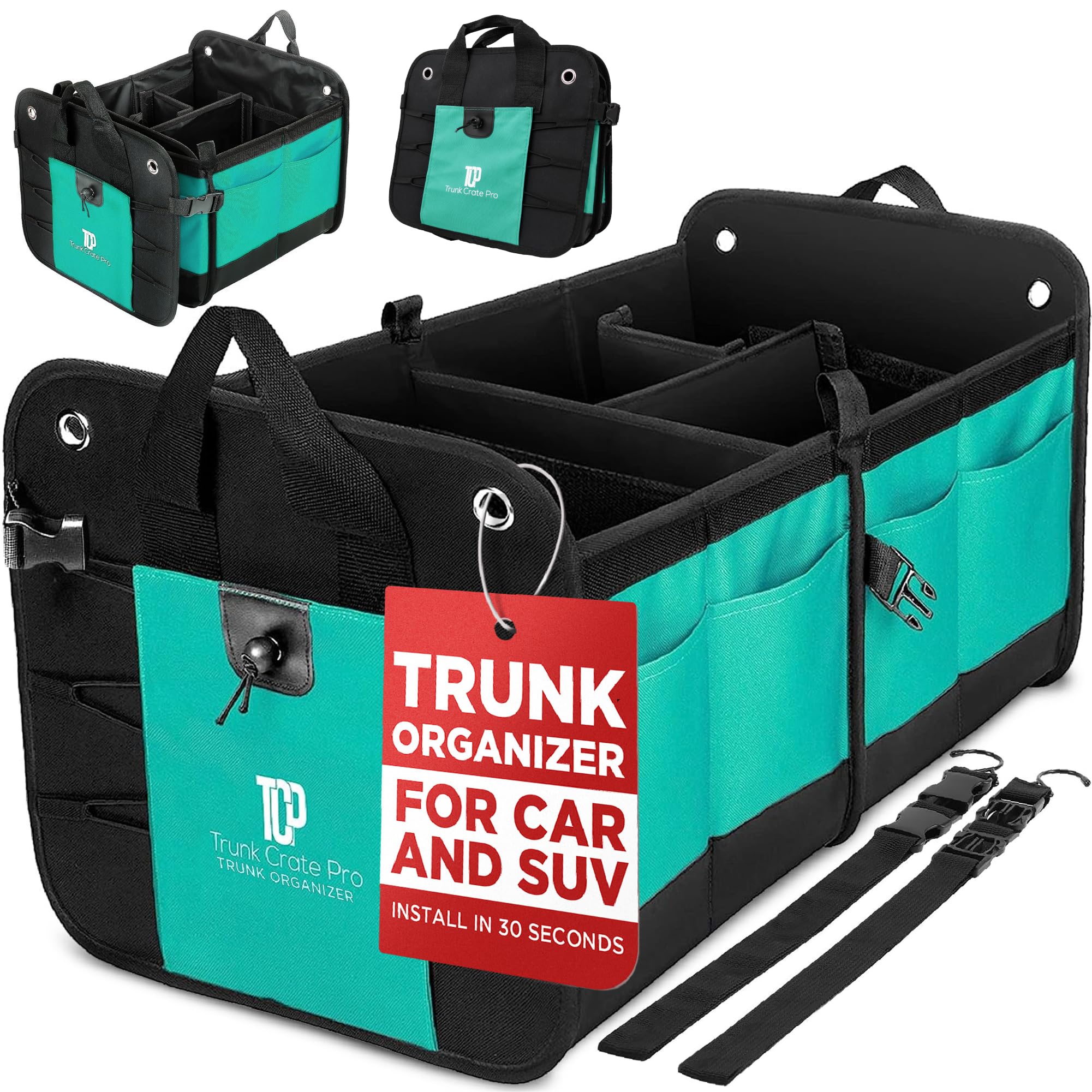 TRUNKCRATEPRO Teal Car Accessories Trunk Organizer Premium Multi Movable Compartments Collapsible car organizer, trunk organizer