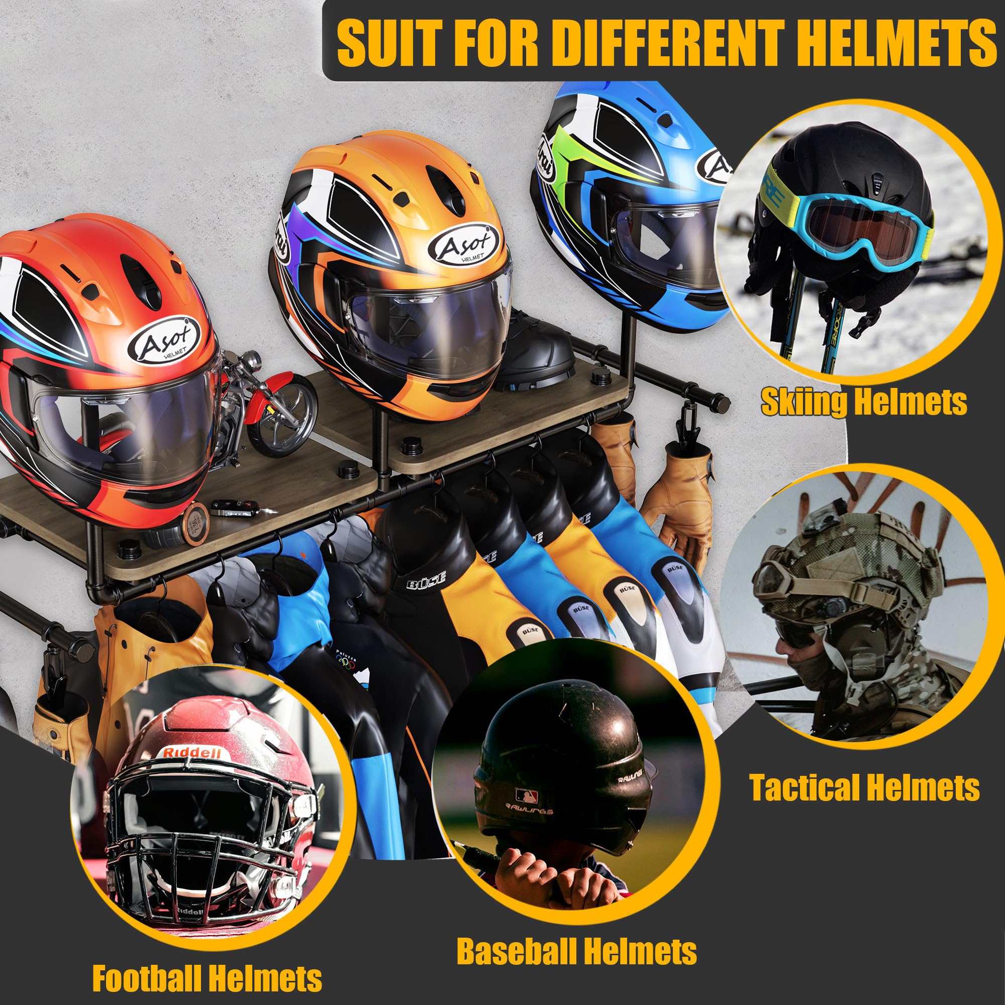 ATSKIM Double Motorcycle Helmet Holder Wall Mount, Helmet Hanger and Jacket Holder Wall Mount, Riding Gear Display Rack with 4 H