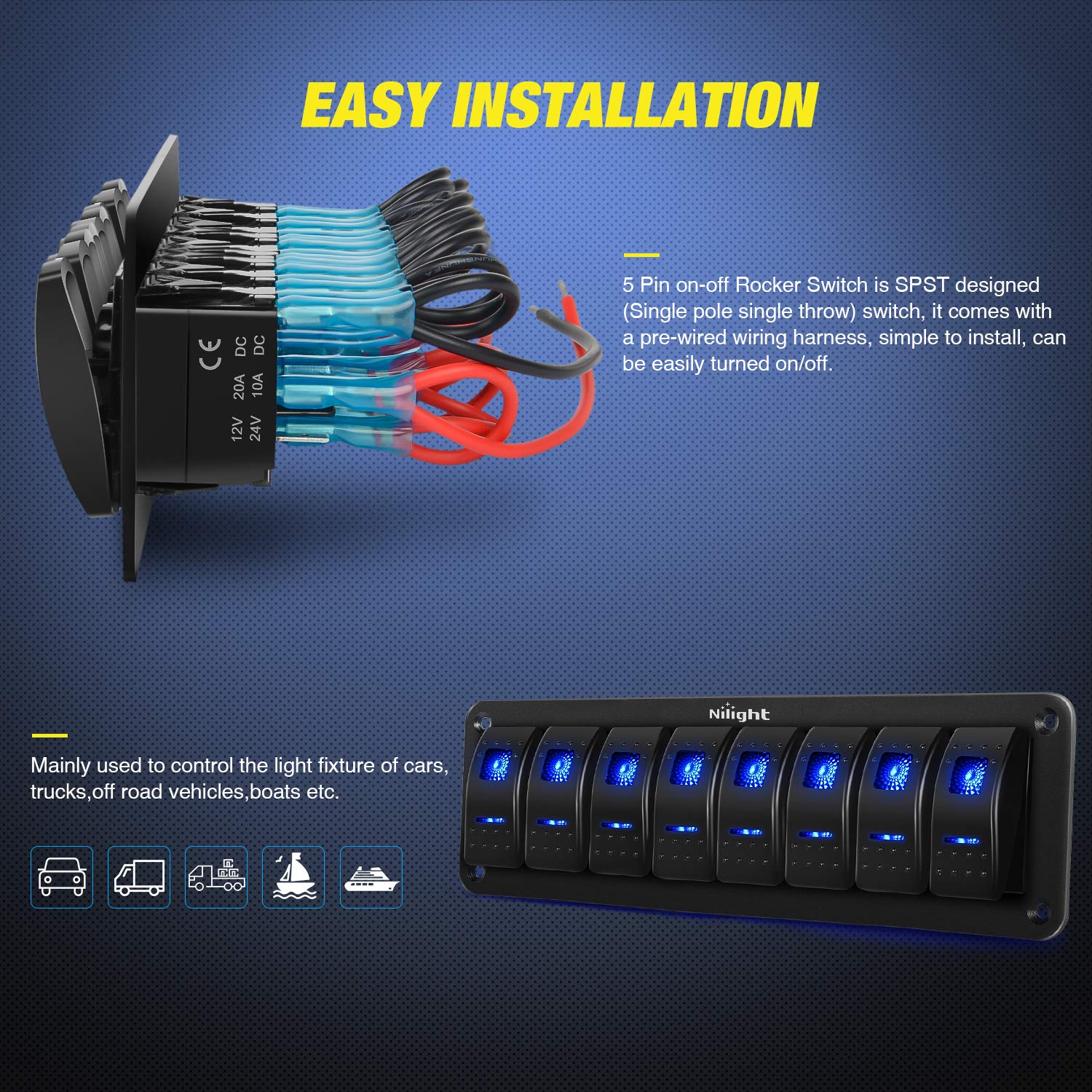 Nilight 8 Gang Aluminum Rocker Switch Panel Toggle Dash 5 Pin On/Off Pre-Wired Rocker Switch Blue Backlit Switch For Automotive