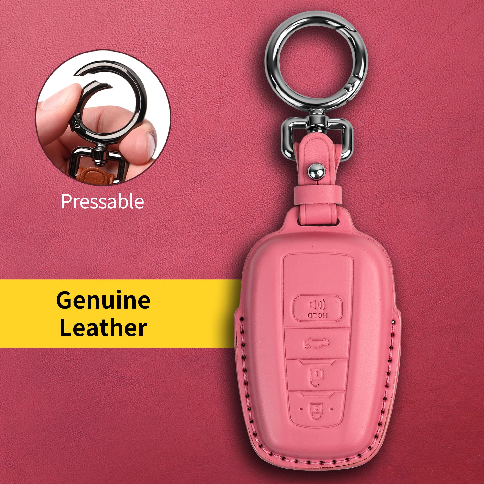 Tukellen For Toyota Key Fob Cover Genuine Leather With Keychain,Leather Key Case Protector Compatible With 2020-2022 Highlander Corolla Prius 2018-2024 Rav4 Camry Avalon C-Hr Gt86 -Pink