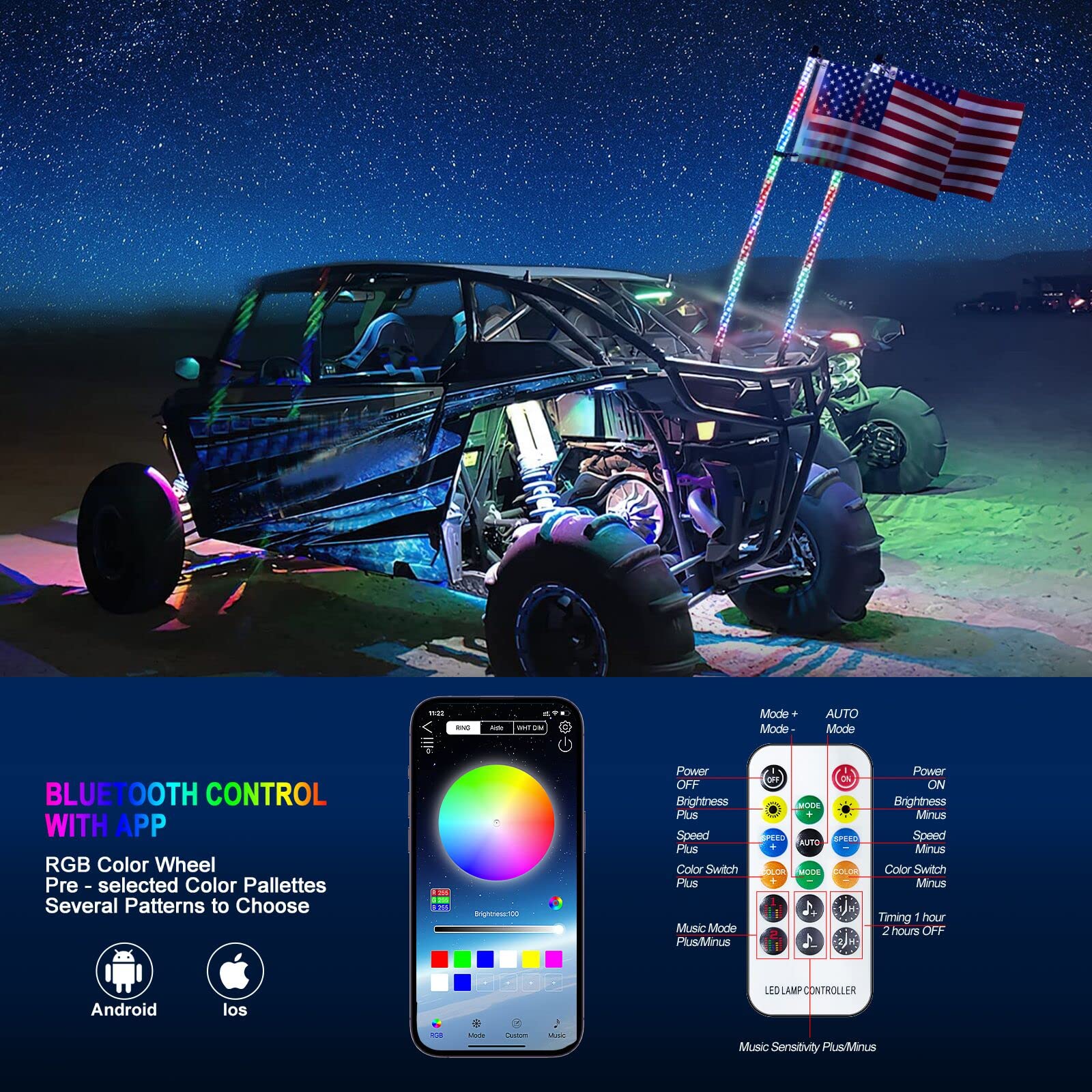 SAFEBAO 3FT-2PC LED Whip Lights for UTV, RGB Multi-Color, Remote Control, APP-Supported, Model TS-228-3FT-2PC