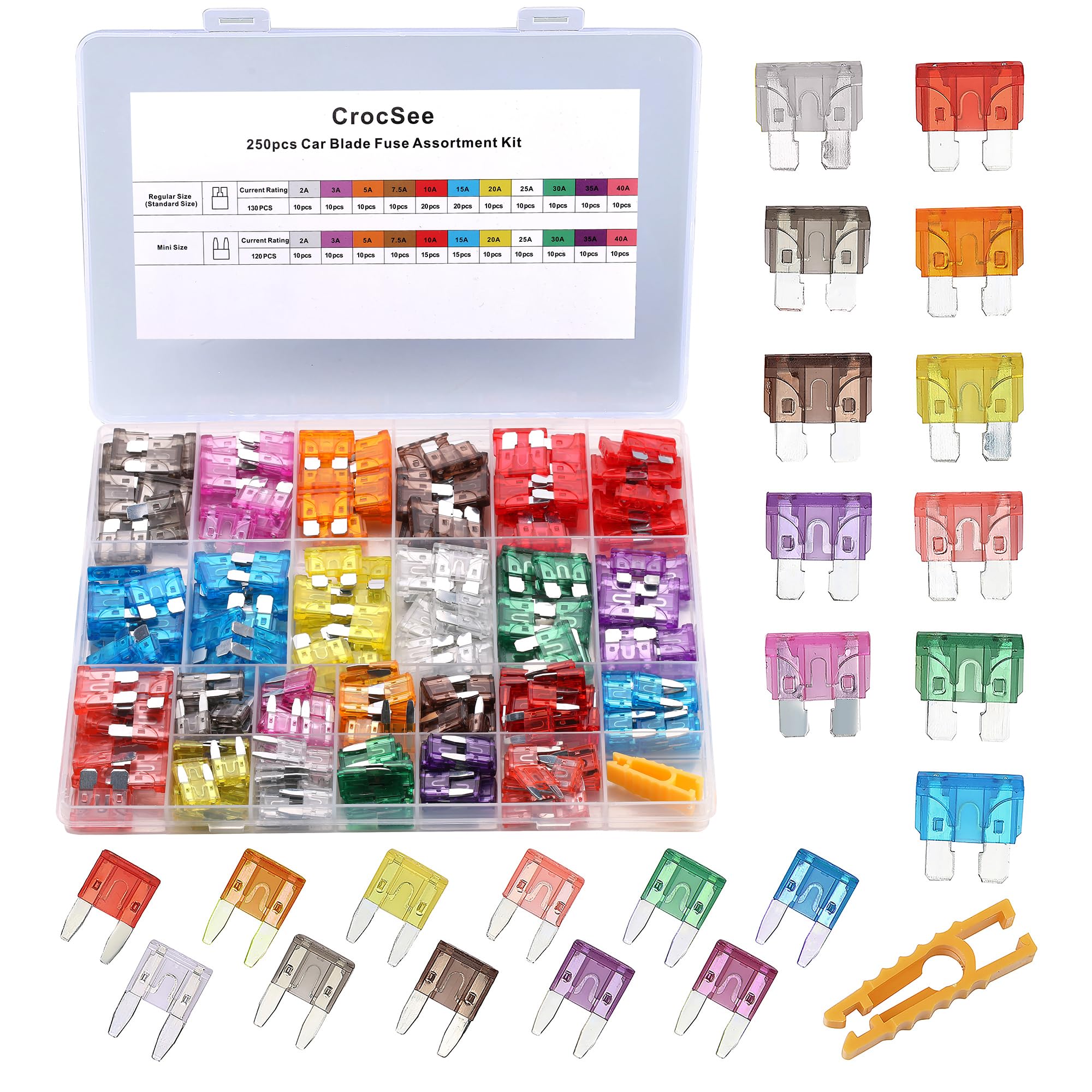 Crocsee 250 Pieces - Car Fuses Assortment Kit, Blade-Type Automotive Fuses - Standard & Mini Size (2A/3A/5A/7.5A/10A/15A/ 20A/25