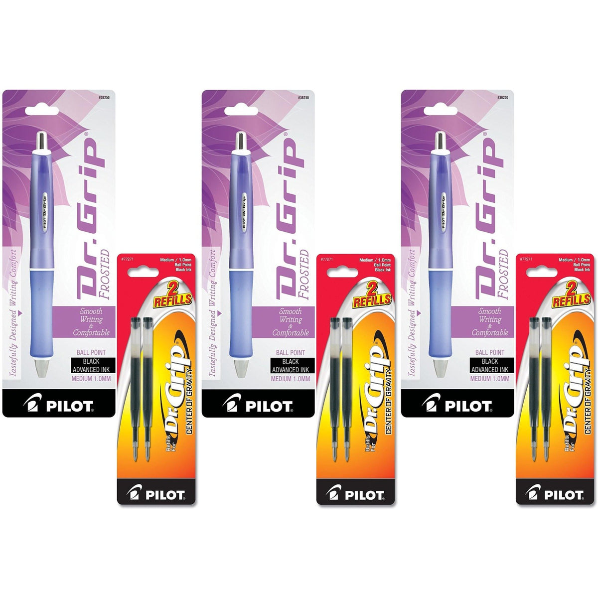 Pilot Dr. Grip Frosted Retractable Ball Point Pen, Medium Point, Purple Barrel, Black Ink, 3 Pens (36250) With 6 Black Ink Refil