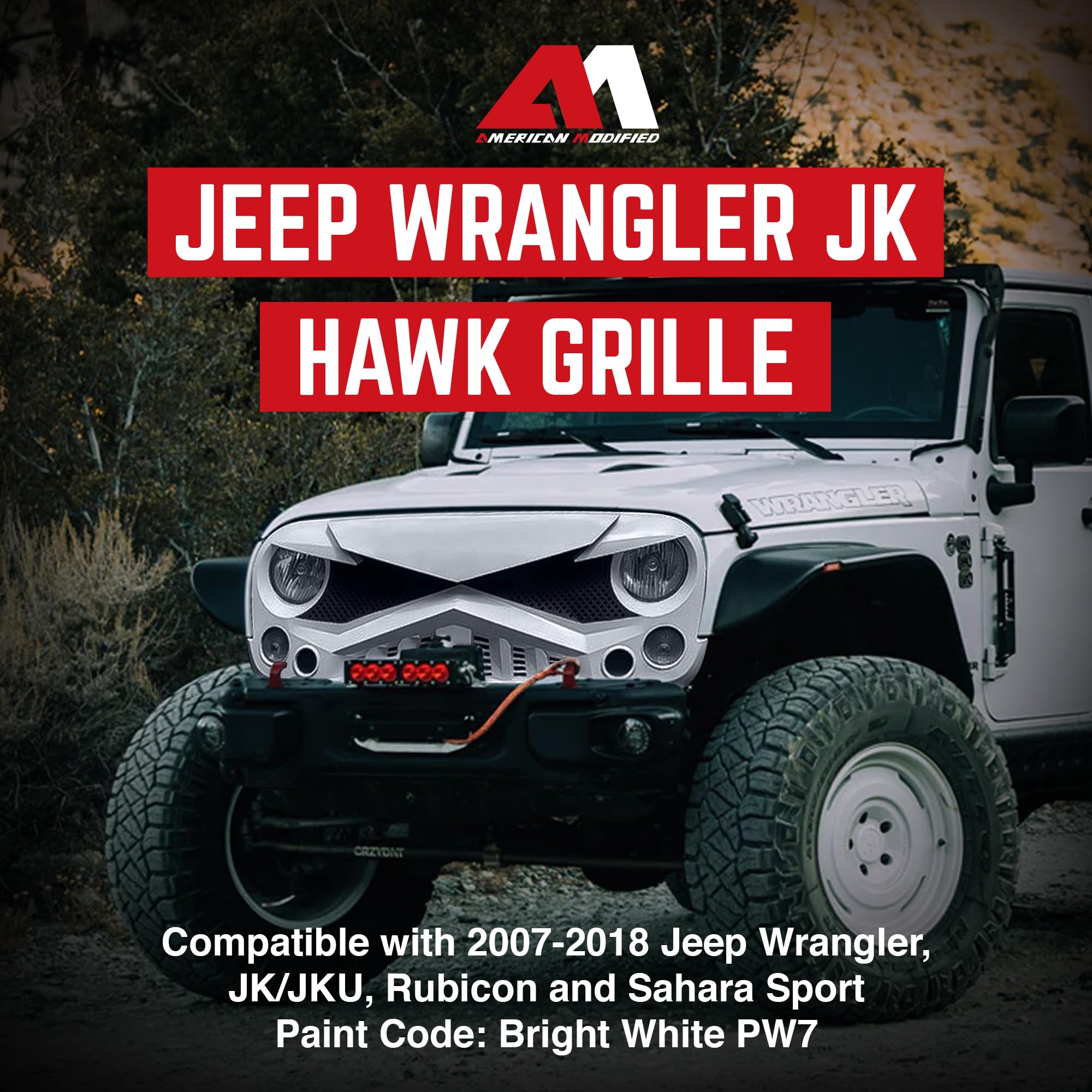 AM AMERICAN MODIFIED Hawke Front Grille Cover for Jeep Wrangler JK/JKU, 2007-2018, Plastic, White, Model 312677