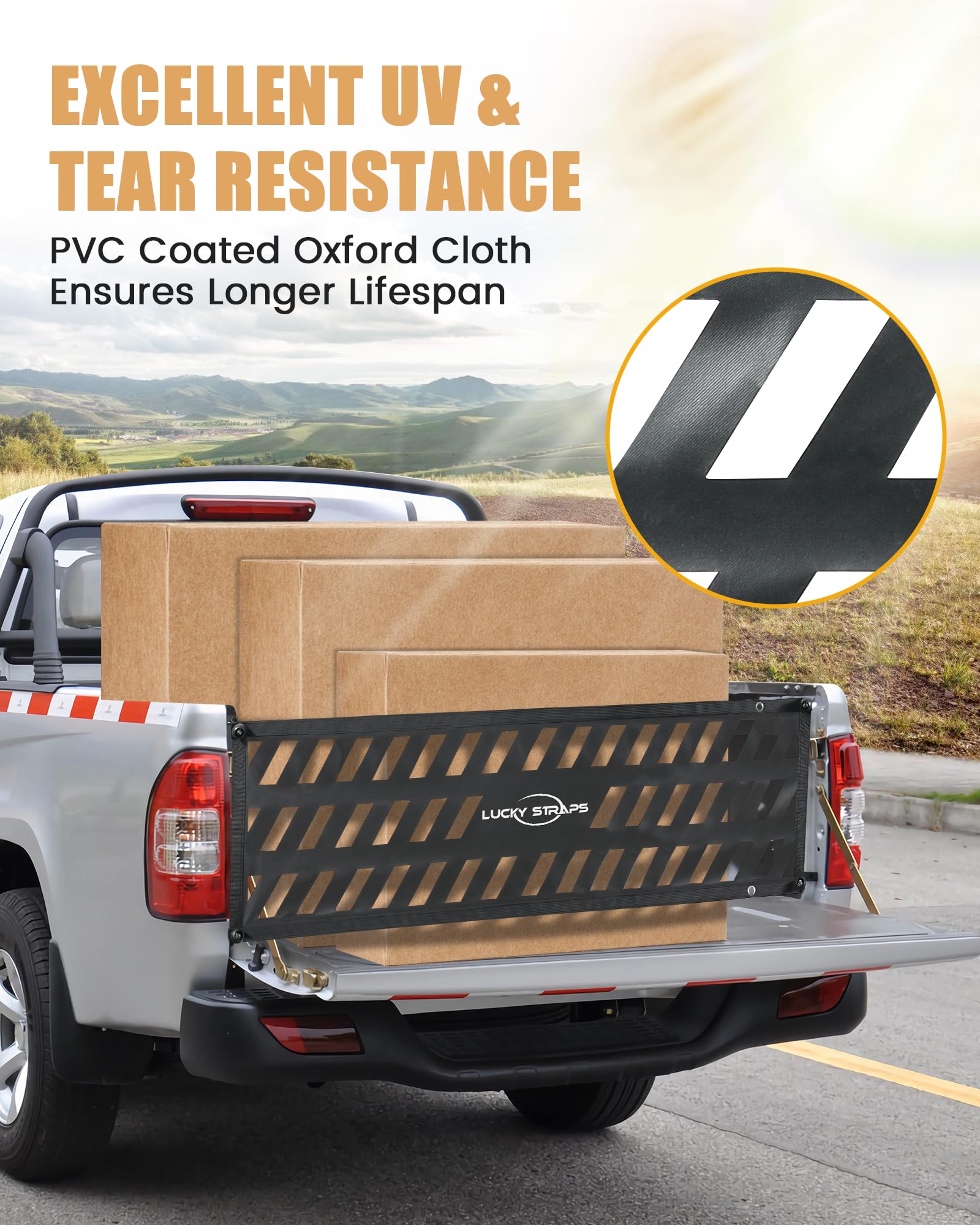 Lucky Straps Tailgate Net for Pickup Truck Bed, 60'' x 18'' Heavy Duty Cargo Netting for Full Size Truck, Easy-to-use Mesh for C