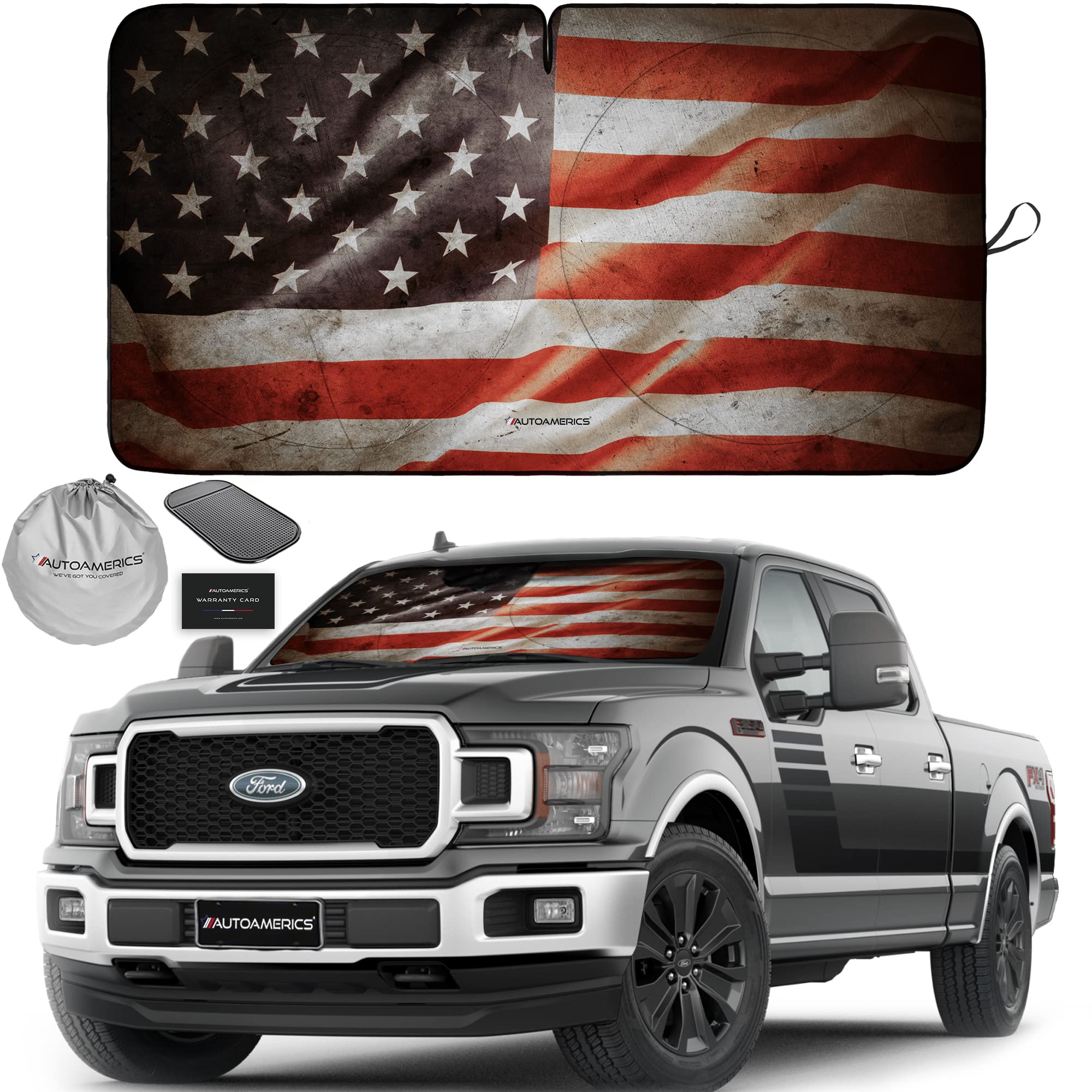 Autoamerics Truck Windshield Sun Shade With Storage Pouch & Anti-Slip Dash Pad - Foldable Grunge Usa Flag-1 Design Cover - Fits