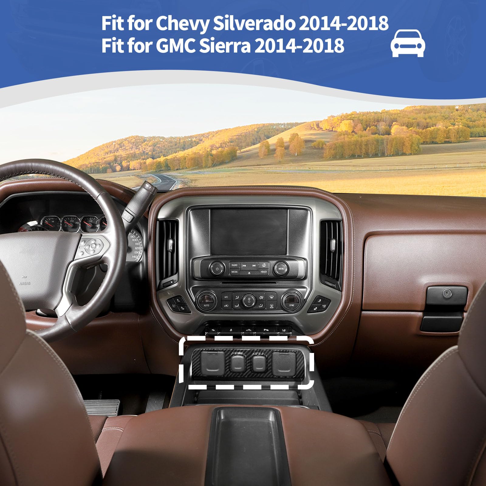 RT-TCZ Carbon Fiber Center Console Trim for Silverado/GMC Sierra 2014-2018, Black, ABS Plastic, Model Zhao-szzt08527
