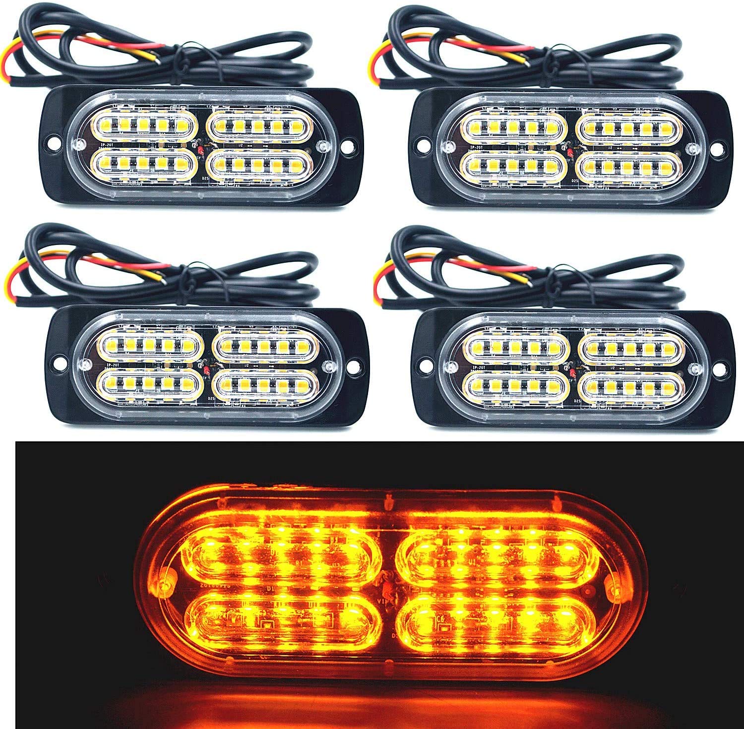 Ease2U E 12-24V 20-Led Super Bright Emergency Warning Caution Hazard Construction Waterproof Amber Strobe Light Bar With 32 Diff
