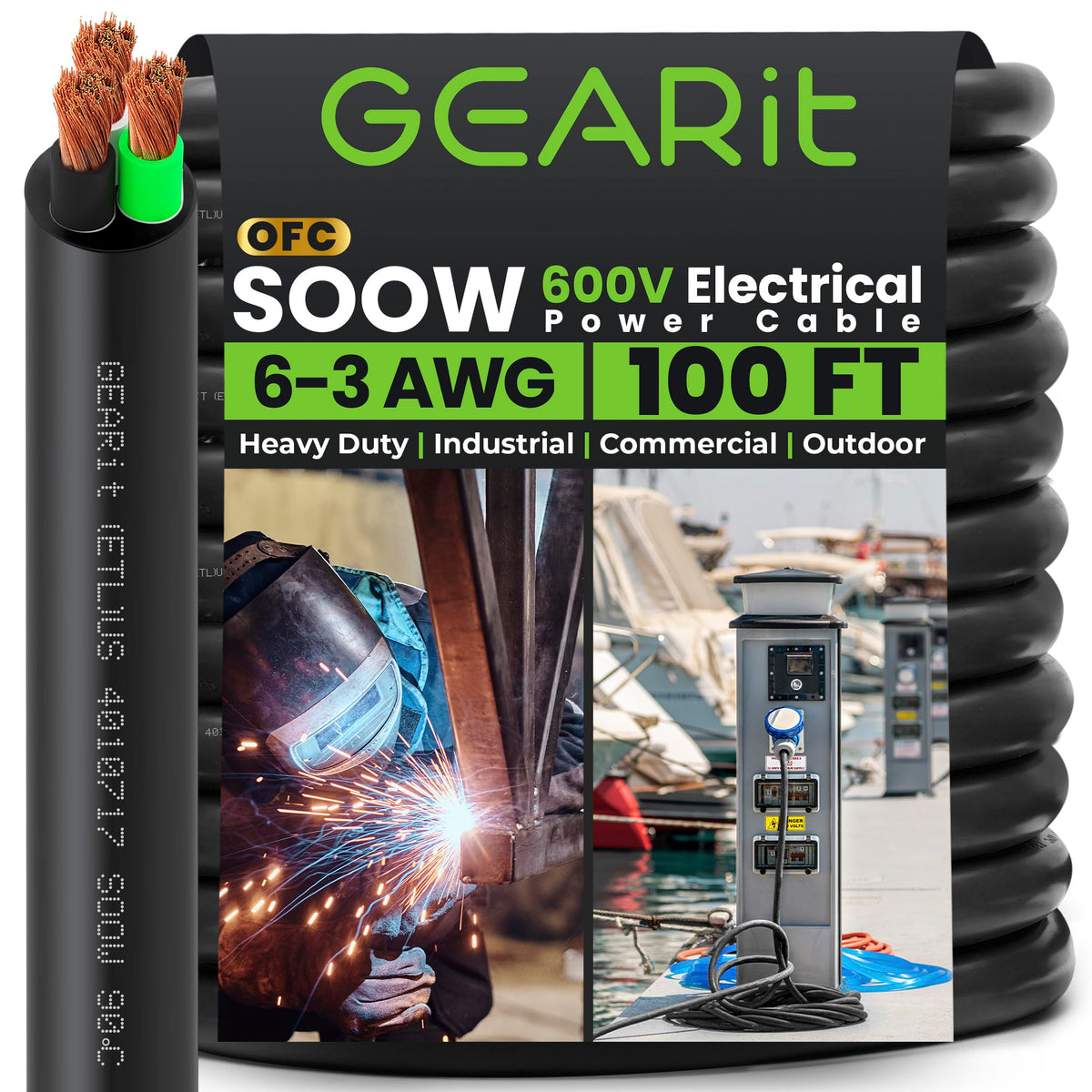 Gearit 6/3 6 Awg Portable Power Cable (100 Feet - 3 Conductor) Soow 600V 6 Gauge Electric Wire For Motor Leads, Portable Lights, Battery Chargers, Stage Lights And Machinery -100Ft Electrical Cord