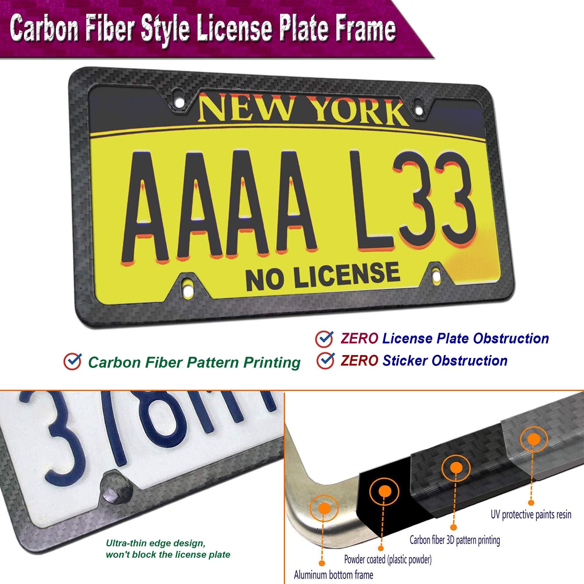 Zxfoog Front License Plate Mounting Kit- Bumper License Plate Bracket & Aluminum Carbon Pattern Car Tag Frame, Universal No Drilling Hole Adapter For Truck/Trailer, With Screws Cap, Rattle Proof Pad