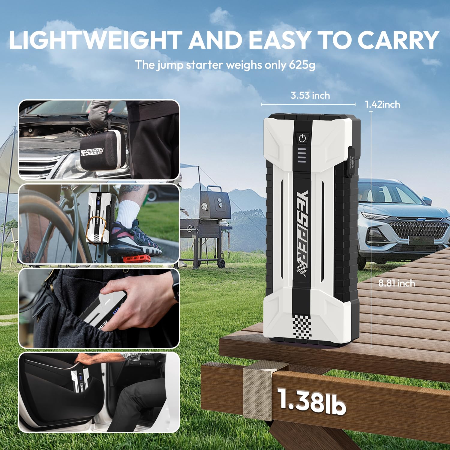 Yesper Battery Jump Starter - 4120A Peak Portable Car Starter (All Gas, Up To 10.0L Diesel Engine), Auto Battery Booster Pack,Jump Box, Dsli Safe Tech Safely Start All 12V Vehicle& Dc 15V Ports