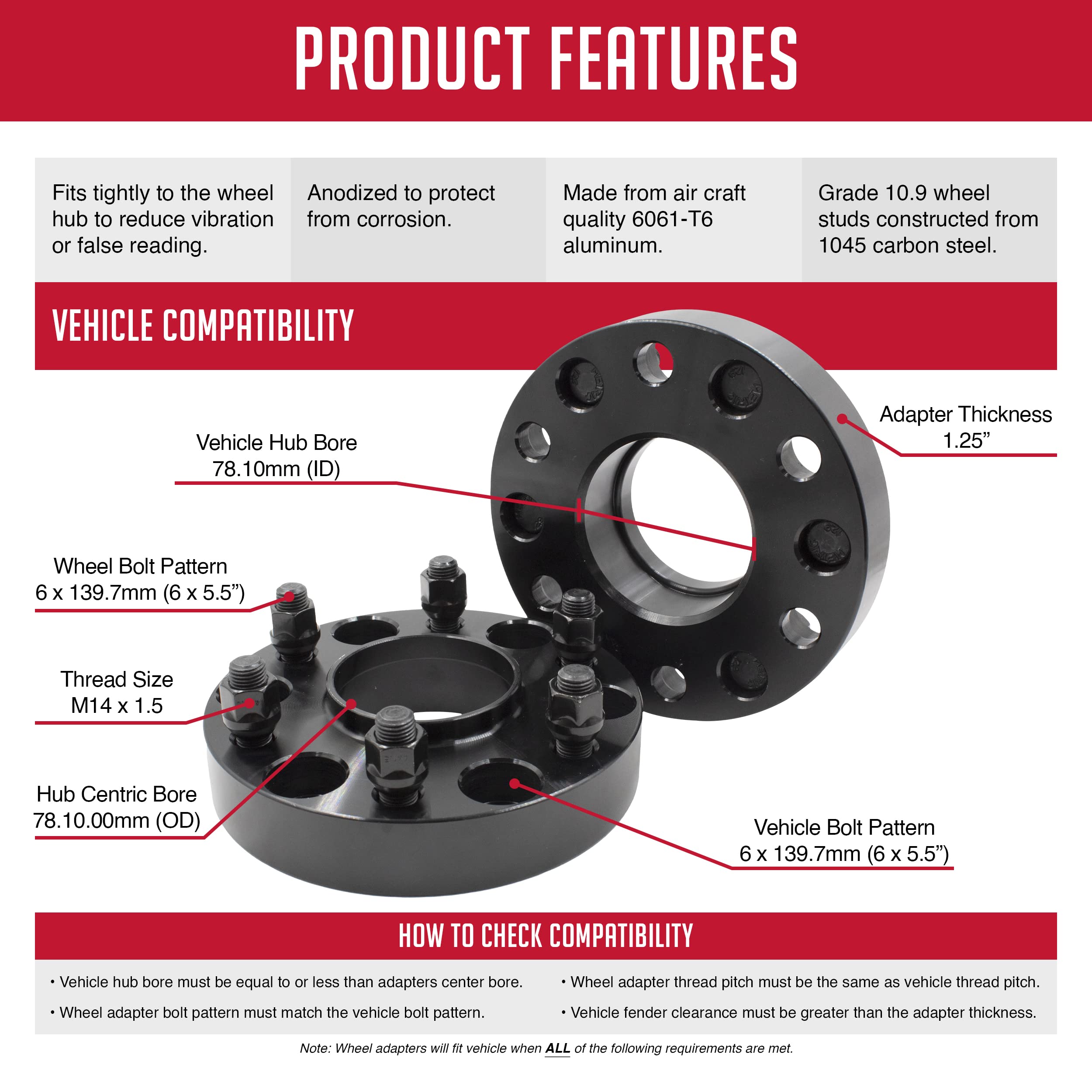 Wheel Accessories Parts 2 Pcs Hubcentric Wheel Spacers Adapters 6x5.5 6x139.7 1.25 Inch Thick M14x1.5 14x1.5 Thread Stud Fits 19