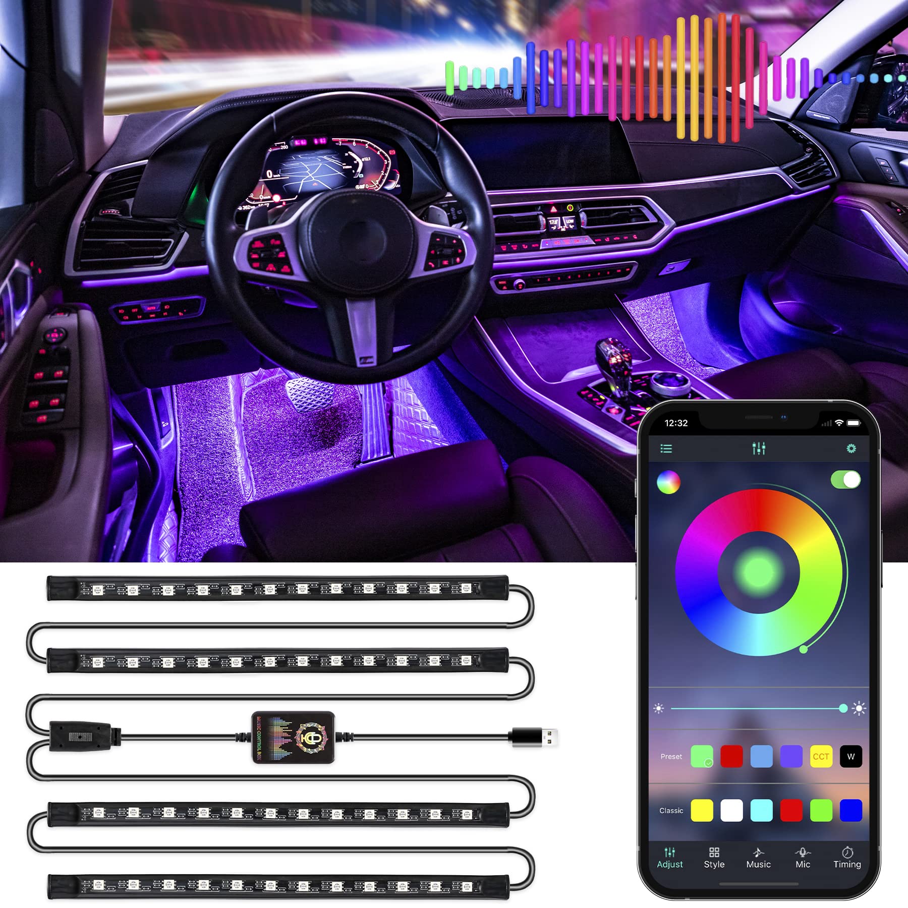 Livtee Smart Rgb Led Interior Lights, 2 Lines Design With Usb Port, App Control, Music Mode And Diy Mode, Car Accessories Gifts